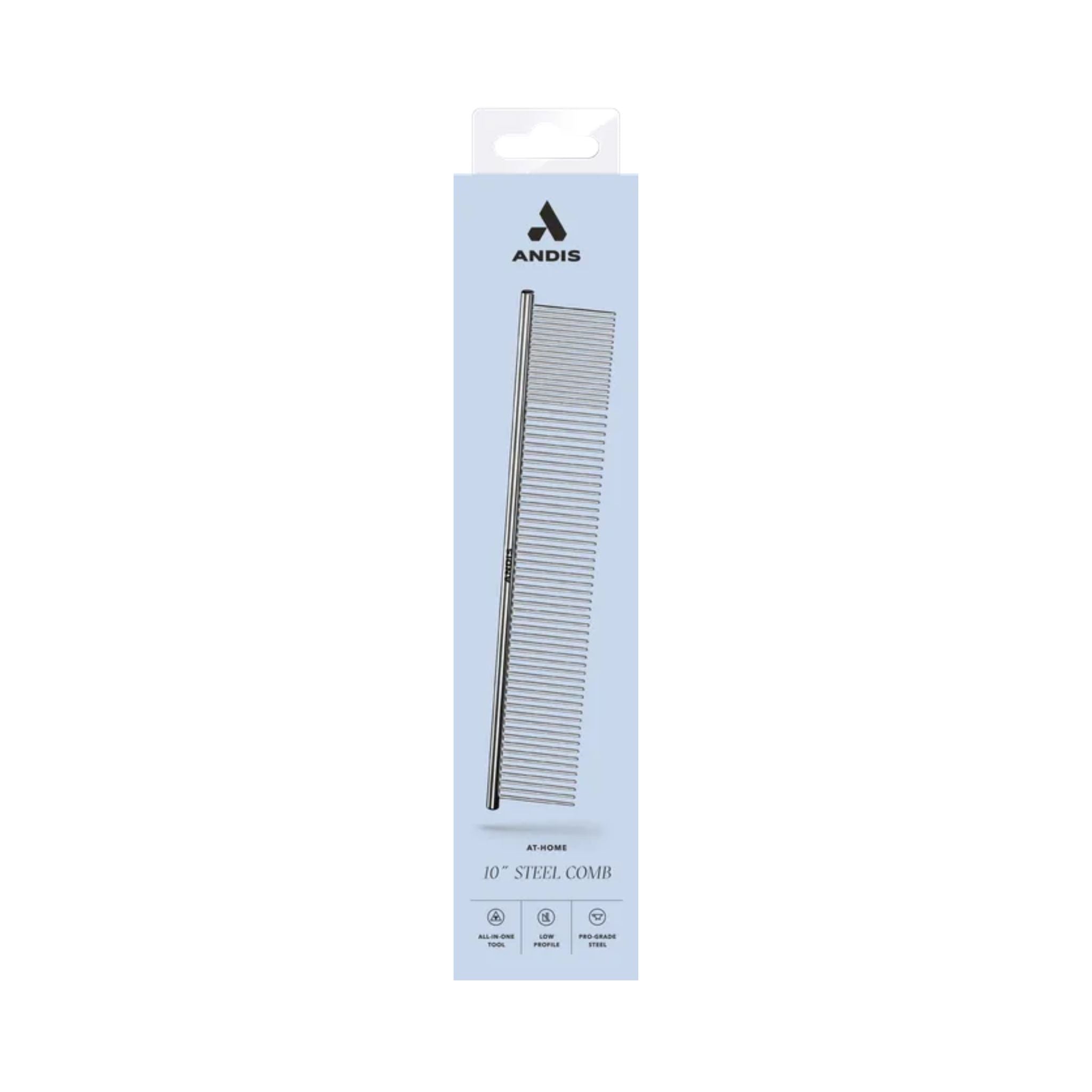 Andis 25cm Durable steel pet grooming comb for dogs and cats in branded packaging.