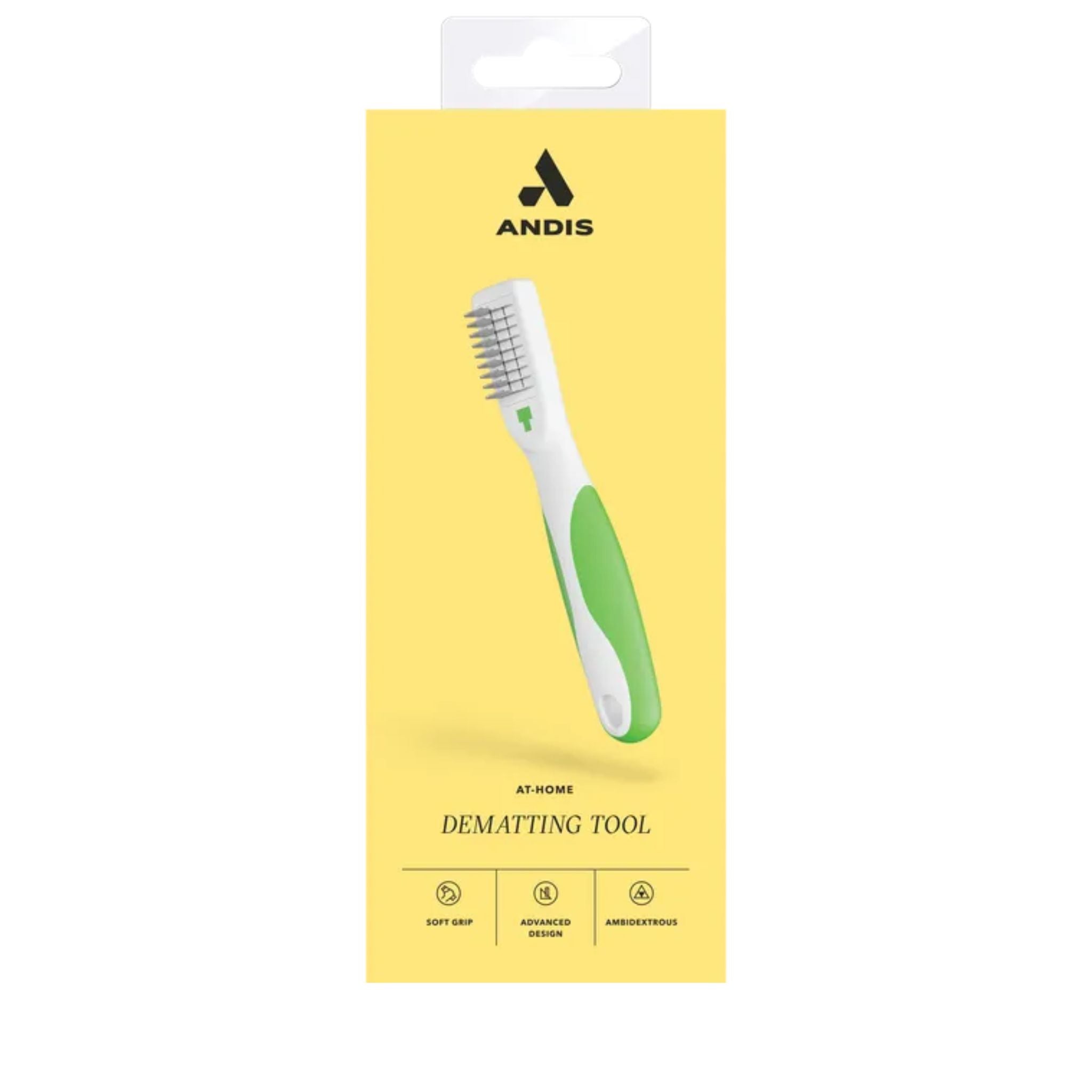 Andis Dematting Tool for dogs branded packaging featuring features and benefits.