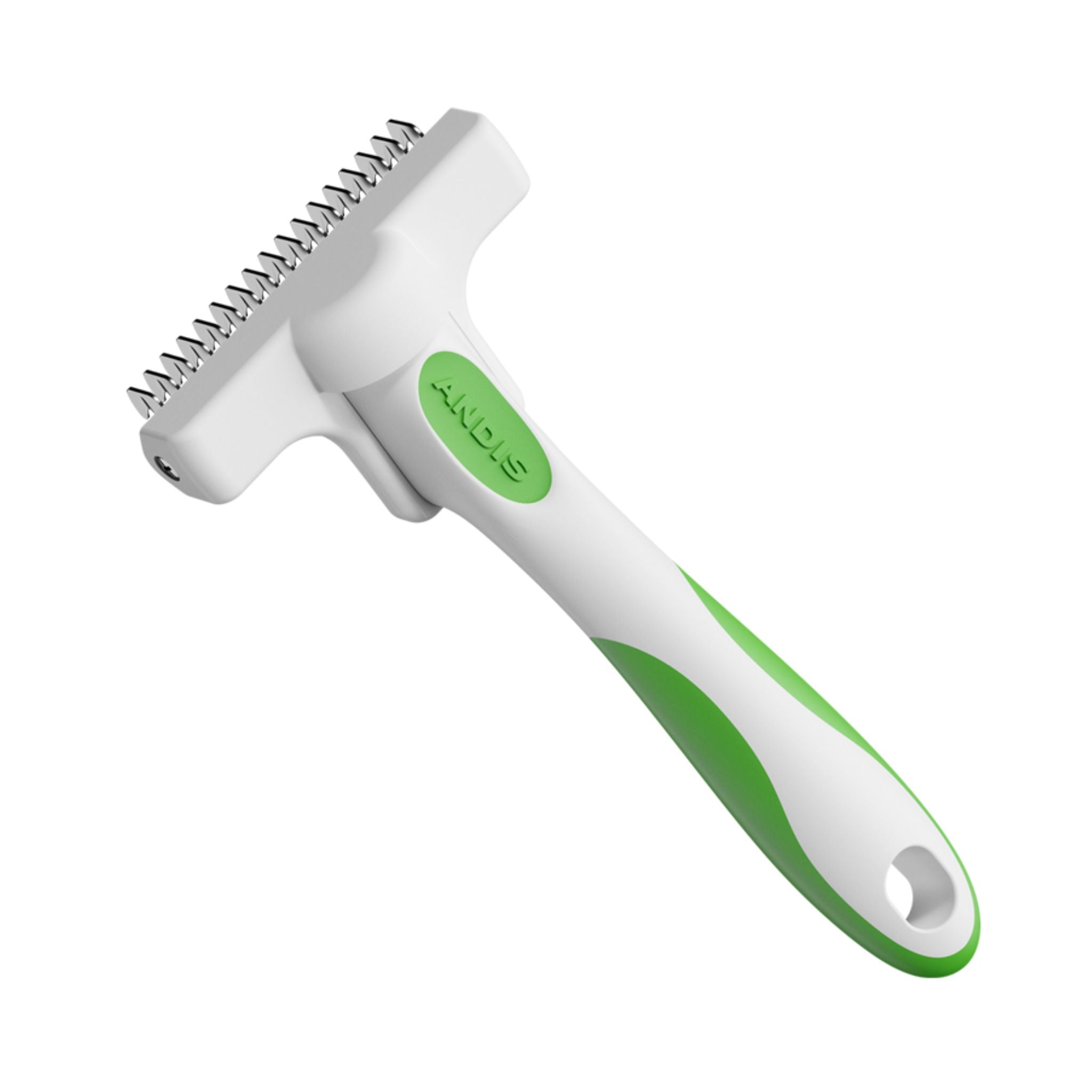 Close-up back angle view of the Andis De-Shedding Tool featuring the ergonomic design and stainless-steel teeth.