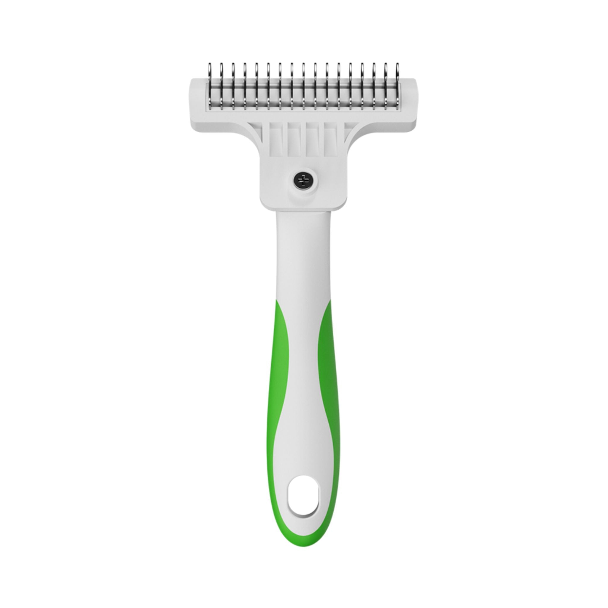 Front view close-up of the white and green Andis De-Shedding Tool featuring durable steel teeth.