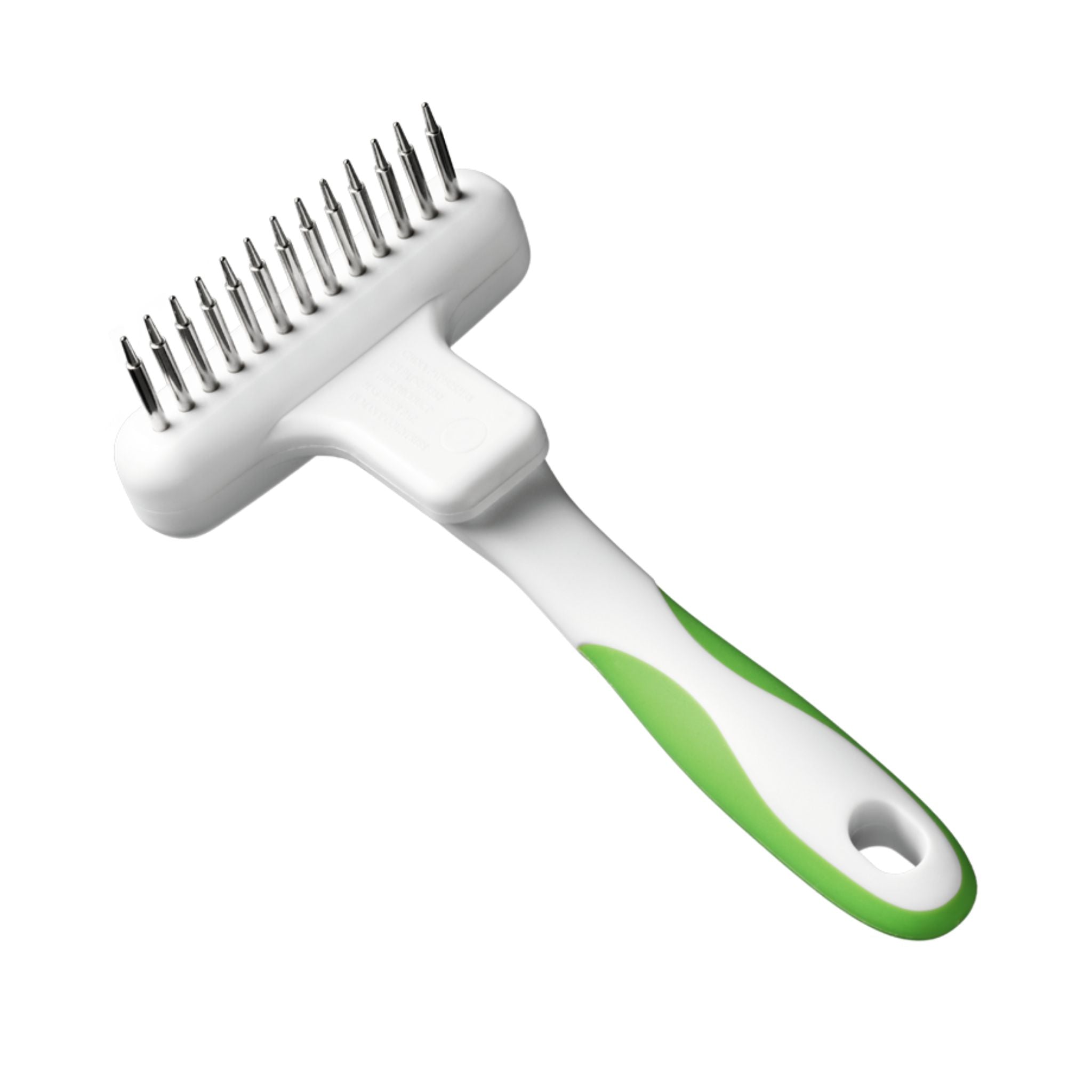Angled front view of the Andis Flexible Rake Comb in white and green with 13 long rotating teeth, designed for small to medium-sized dogs.
