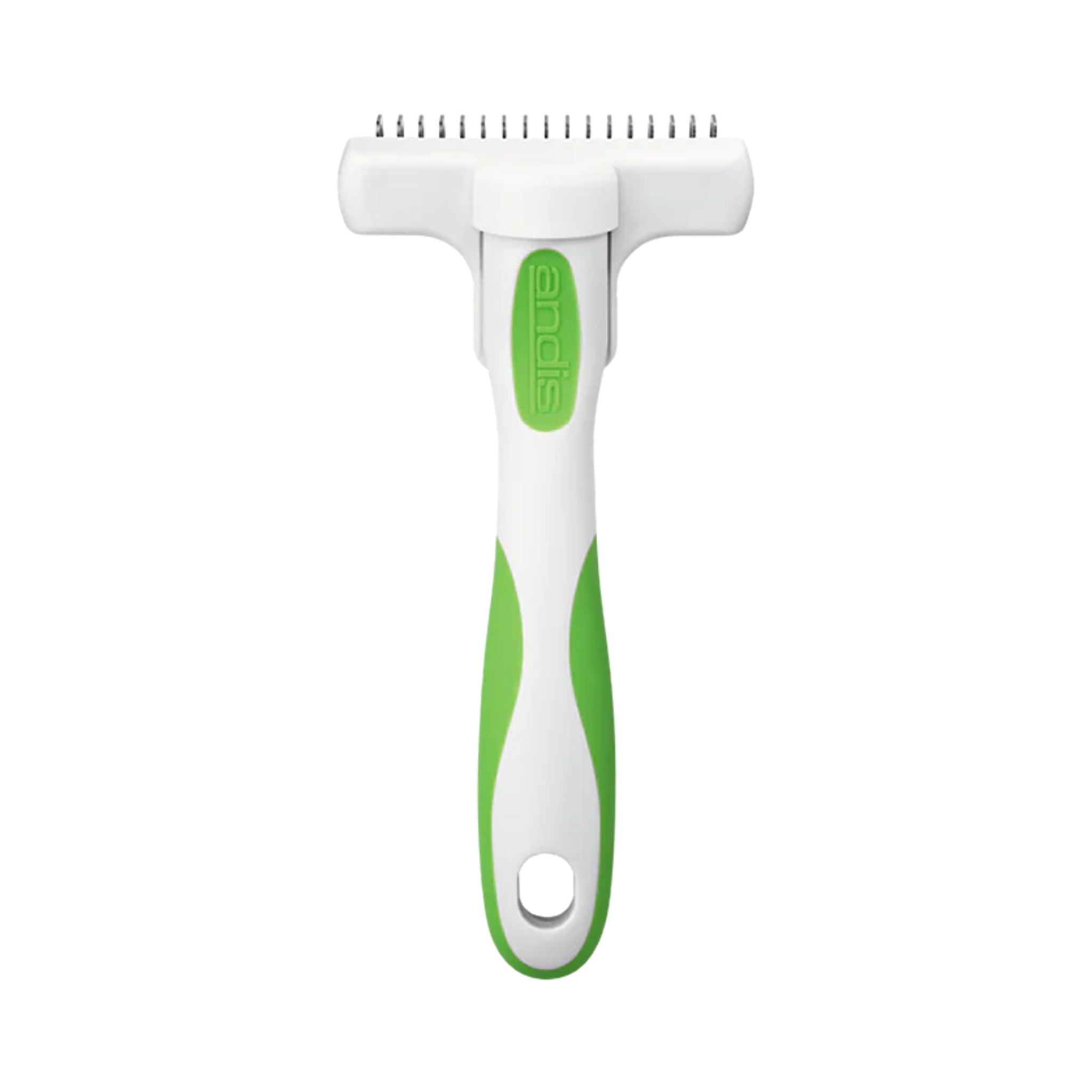 Vertical rear view of the Andis Flexible Rake Comb, highlighting the back of the comb with the ergonomic handle and spring-mounted pins for comfortable grooming.
