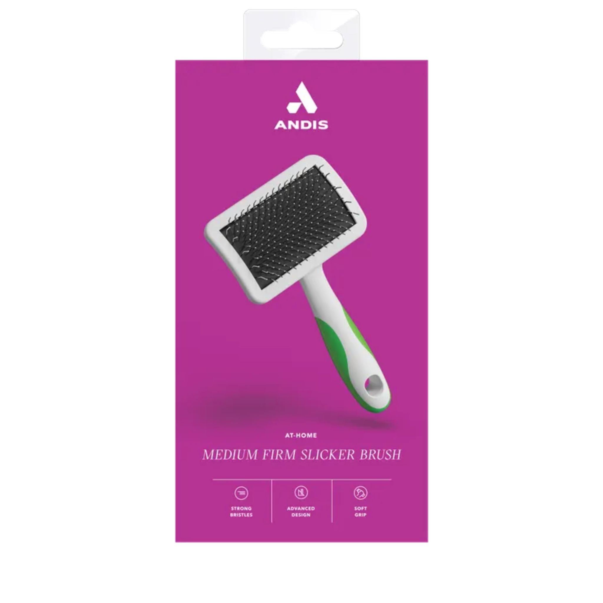 Andis Medium Firm Slicker Brush for dogs, inside branded packaging with listed features and benefits.