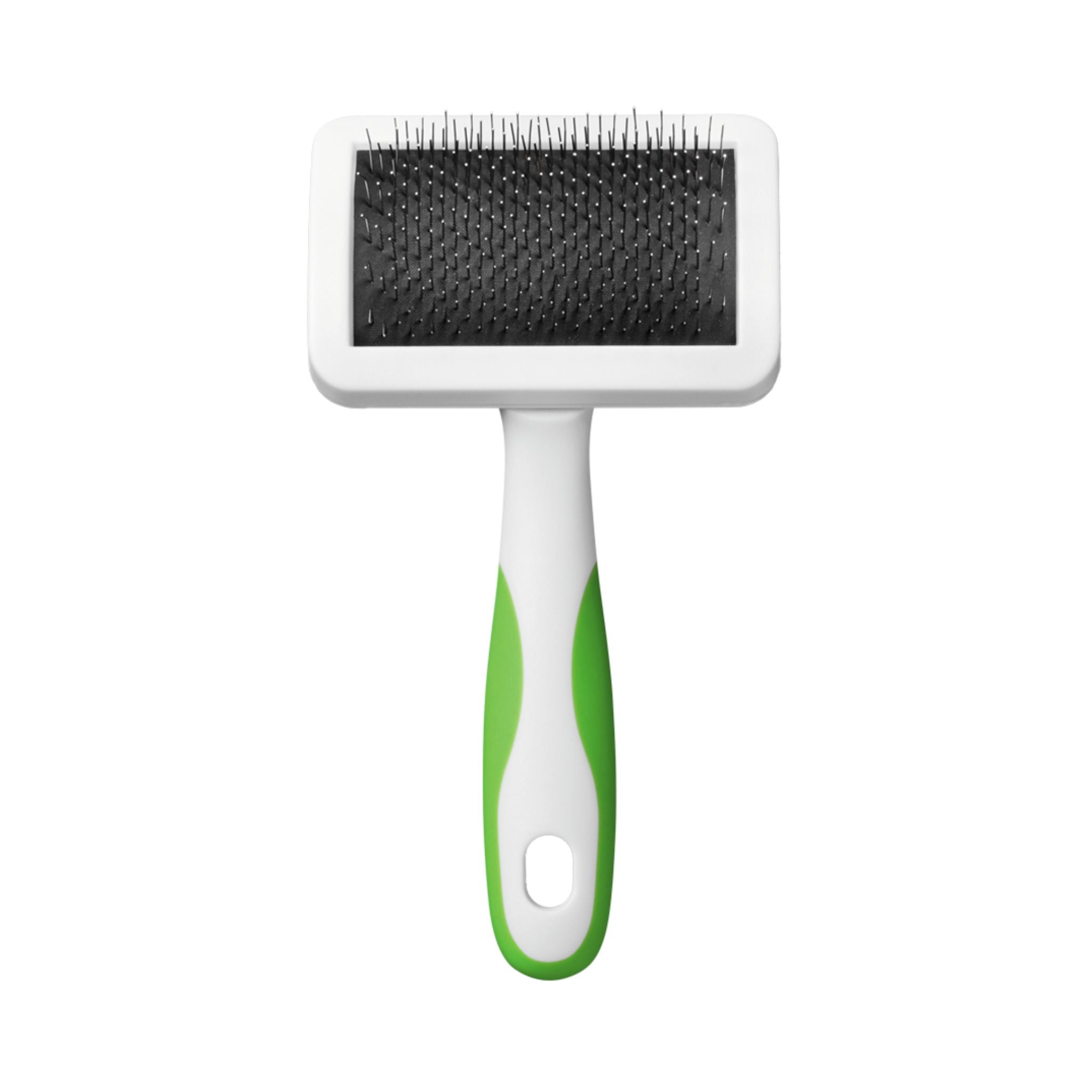 Front view of a green and white medium firm slicker brush by Andis. Suitable for small to medium dogs.