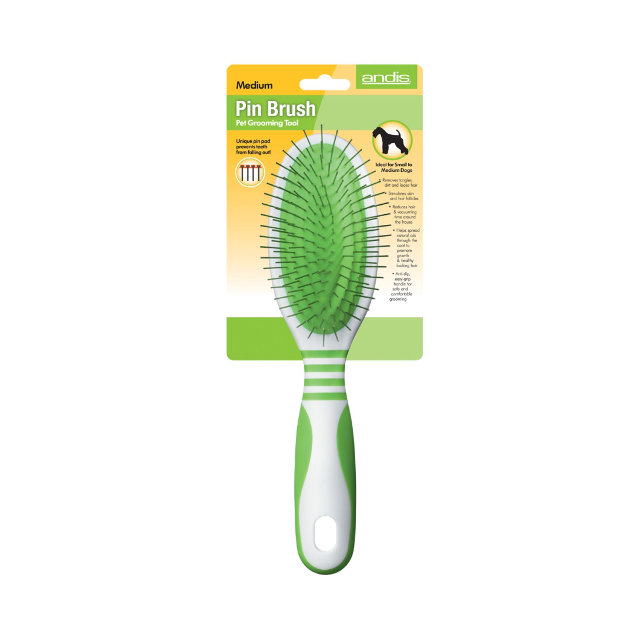 Andis Medium Pin Brush for Dogs is attached to branded packaging with a list of features and benefits.