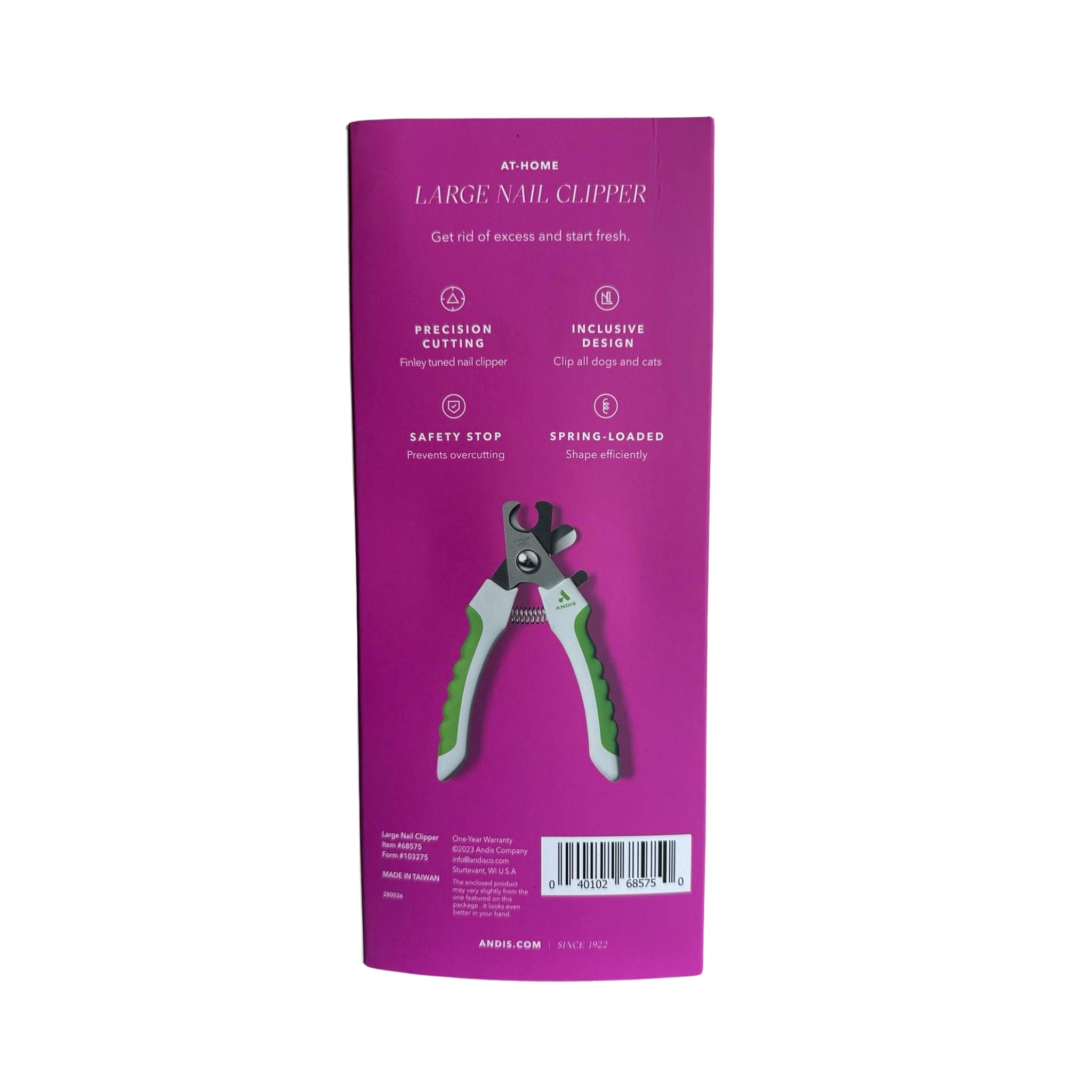 Back view of Andis Nail Clipper packaging, highlighting product features such as the safety stop, stainless steel blades, and safety lock.