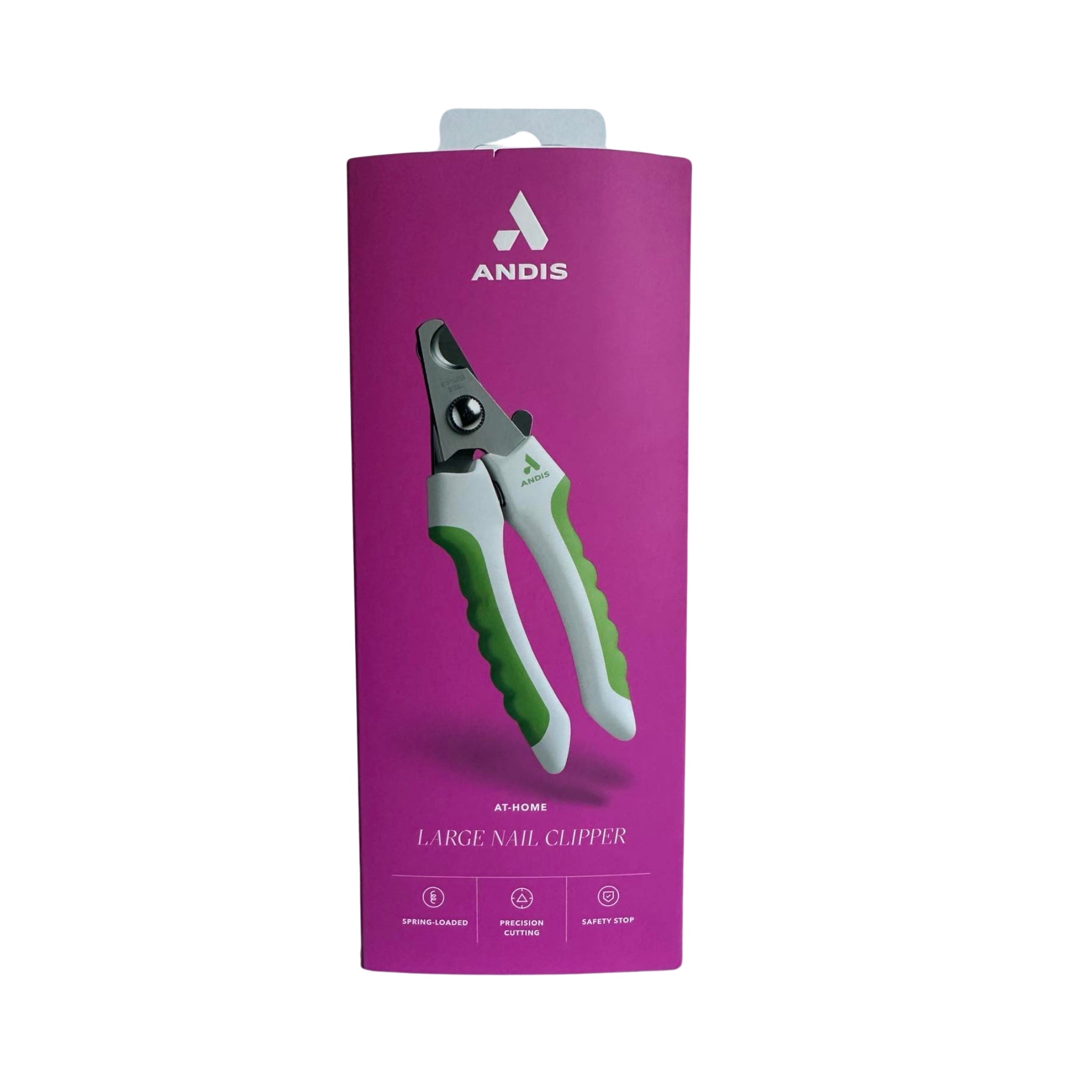 Front view of Andis Nail Clipper in branded packaging for dogs, showing stainless-steel blades and ergonomic grip.