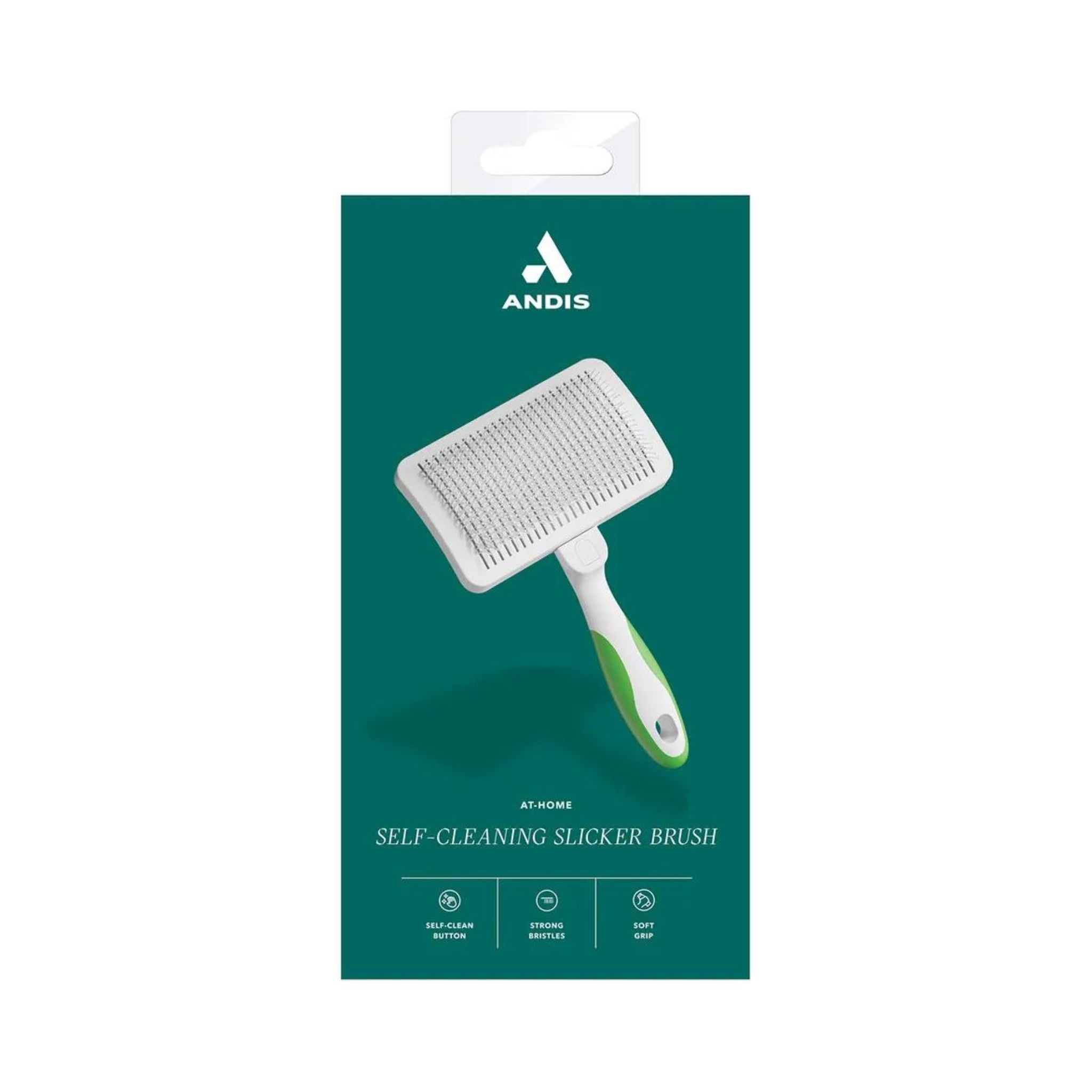 Andis Self-Cleaning Slicker Brush in original branded packaging with white and green accents.