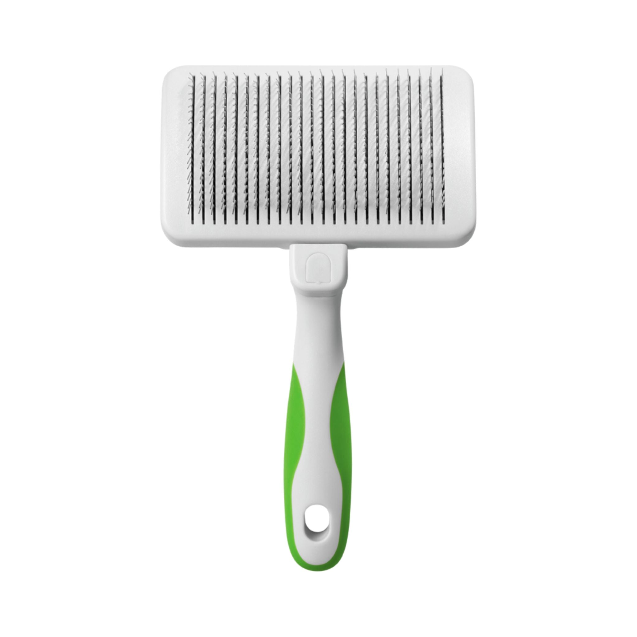 Front vertical view of the Andis Self-Cleaning Slicker Brush, showcasing its ergonomic handle and strong bristles.