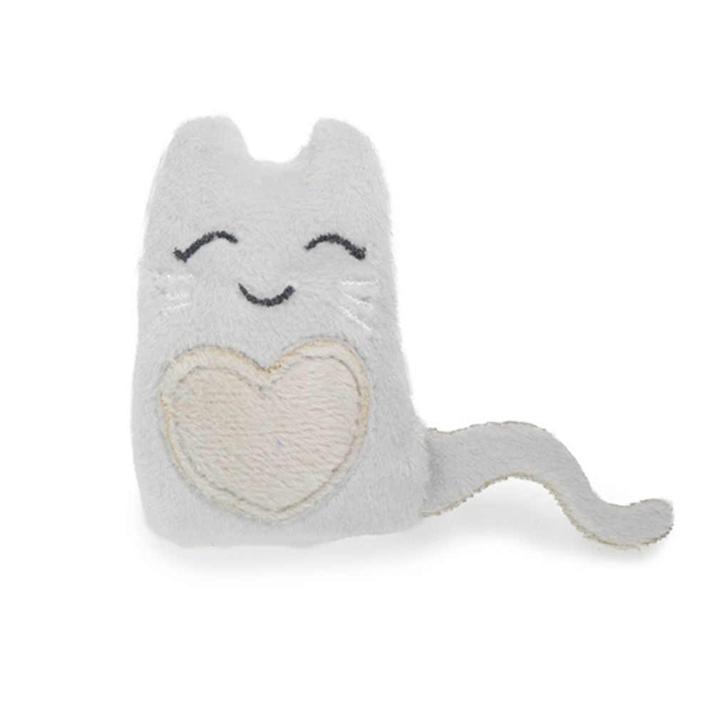 A grey soft plush cat toy featuring an embroidered face with whiskers and a white heart on its body.