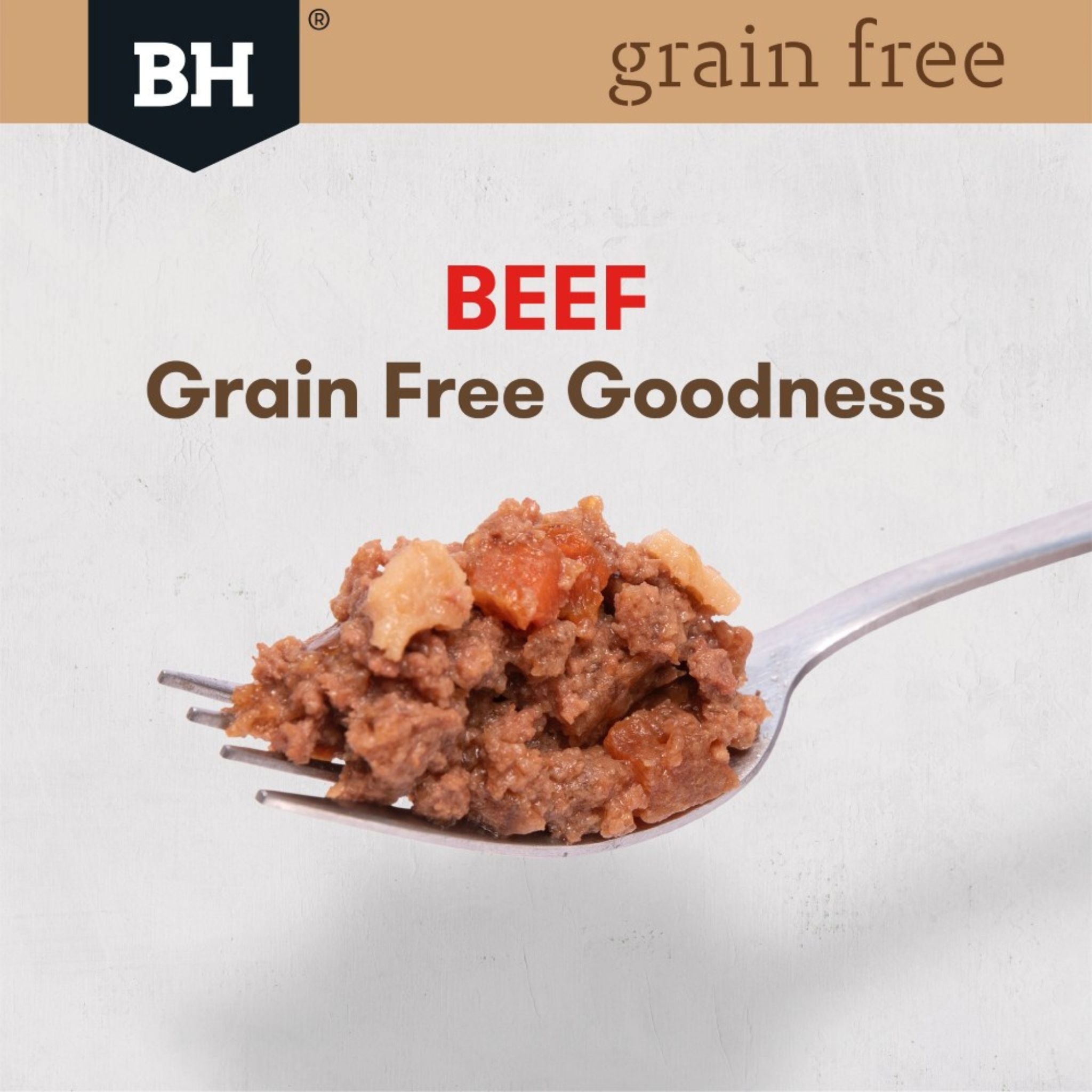 Spoonful of beef dish labelled 'grain-free' with Black Hawk logo on a white background
