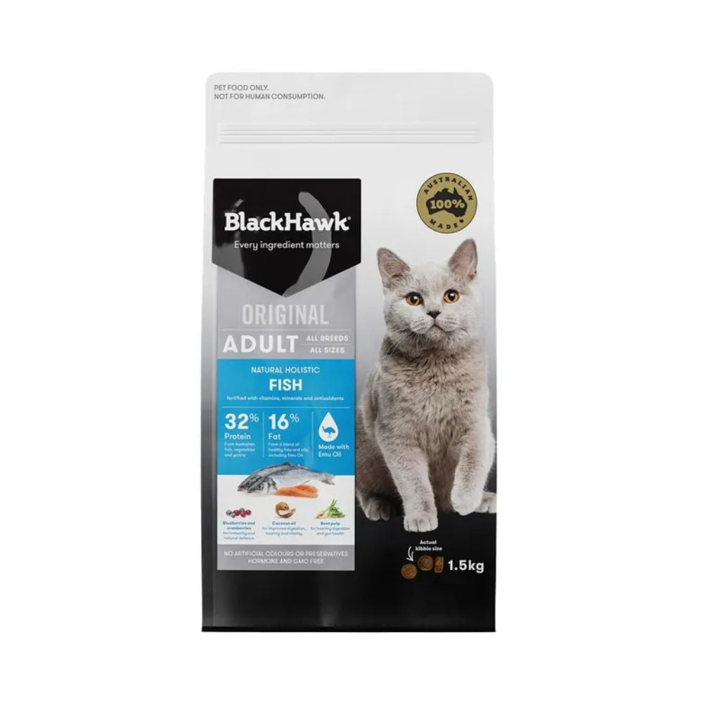 Black Hawk Fish Cat Food - 1.5kg Bag: Perfectly sized for petite pals! Nourish your cat with premium nutrition in this convenient pack.