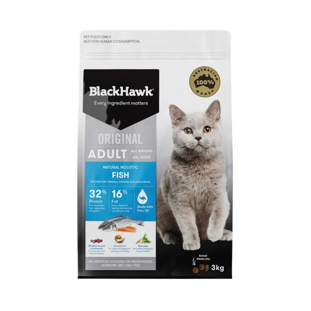 Black Hawk Fish Cat Food - 3kg Bag: Ideal for medium-sized meow-vels! A balanced diet packed with omega-3 and protein in this generous pack.