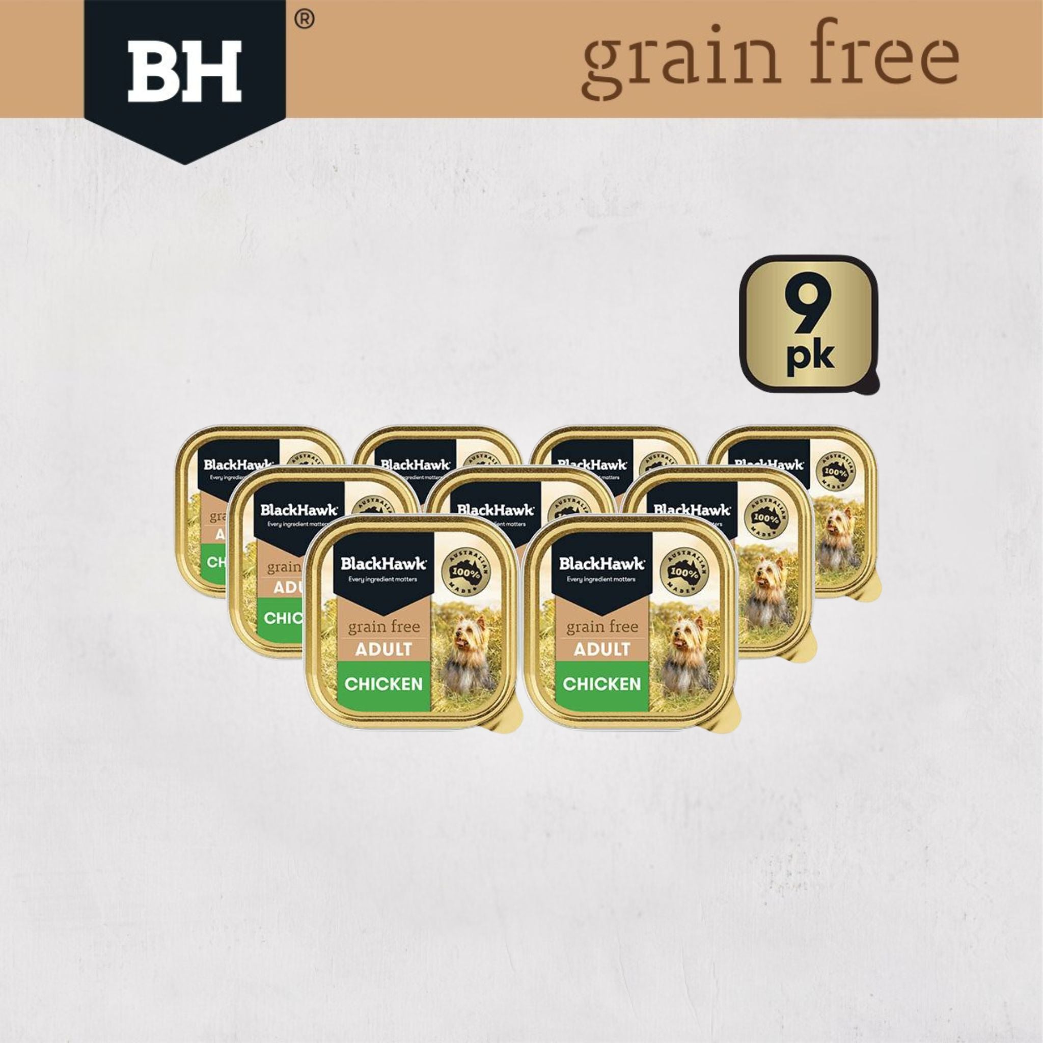 9 x Tray Pack of Black Hawk grain-free chicken wet dog food on a white background