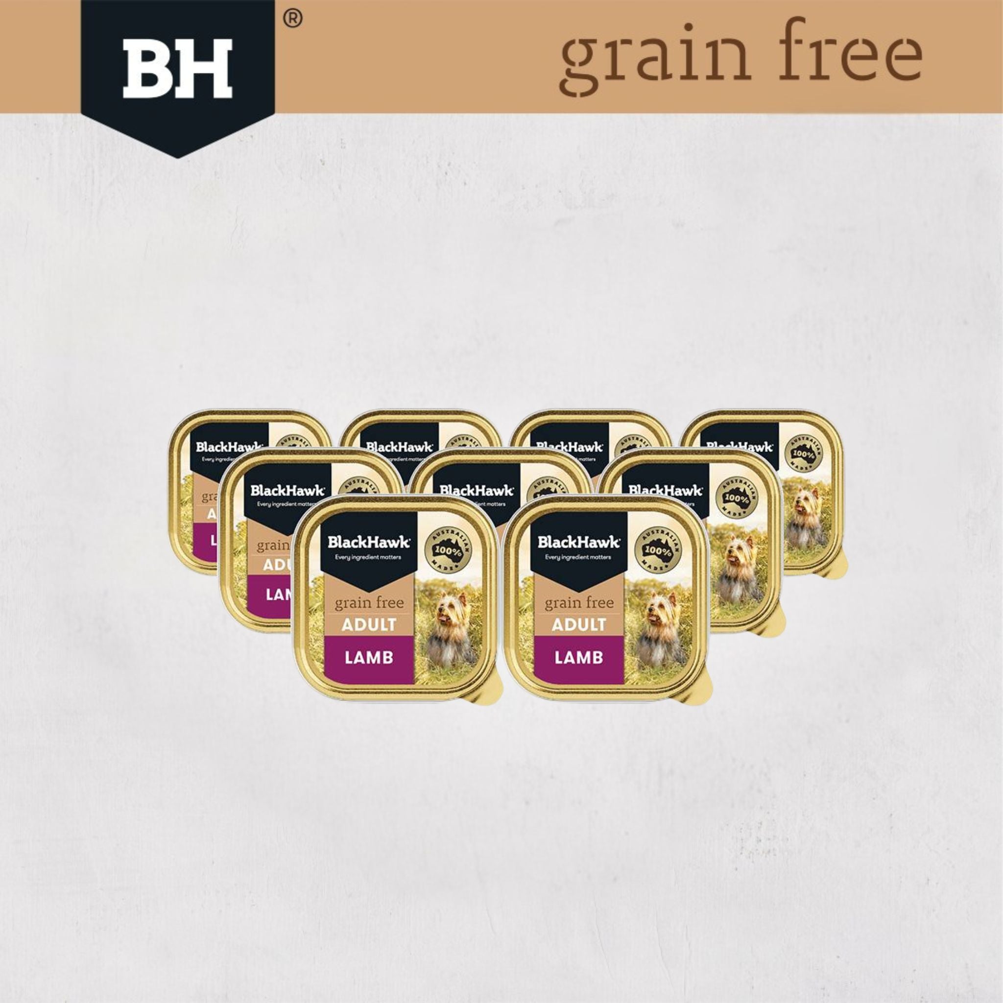 9-tray pack of Black Hawk grain-free lamb wet dog food on a white background