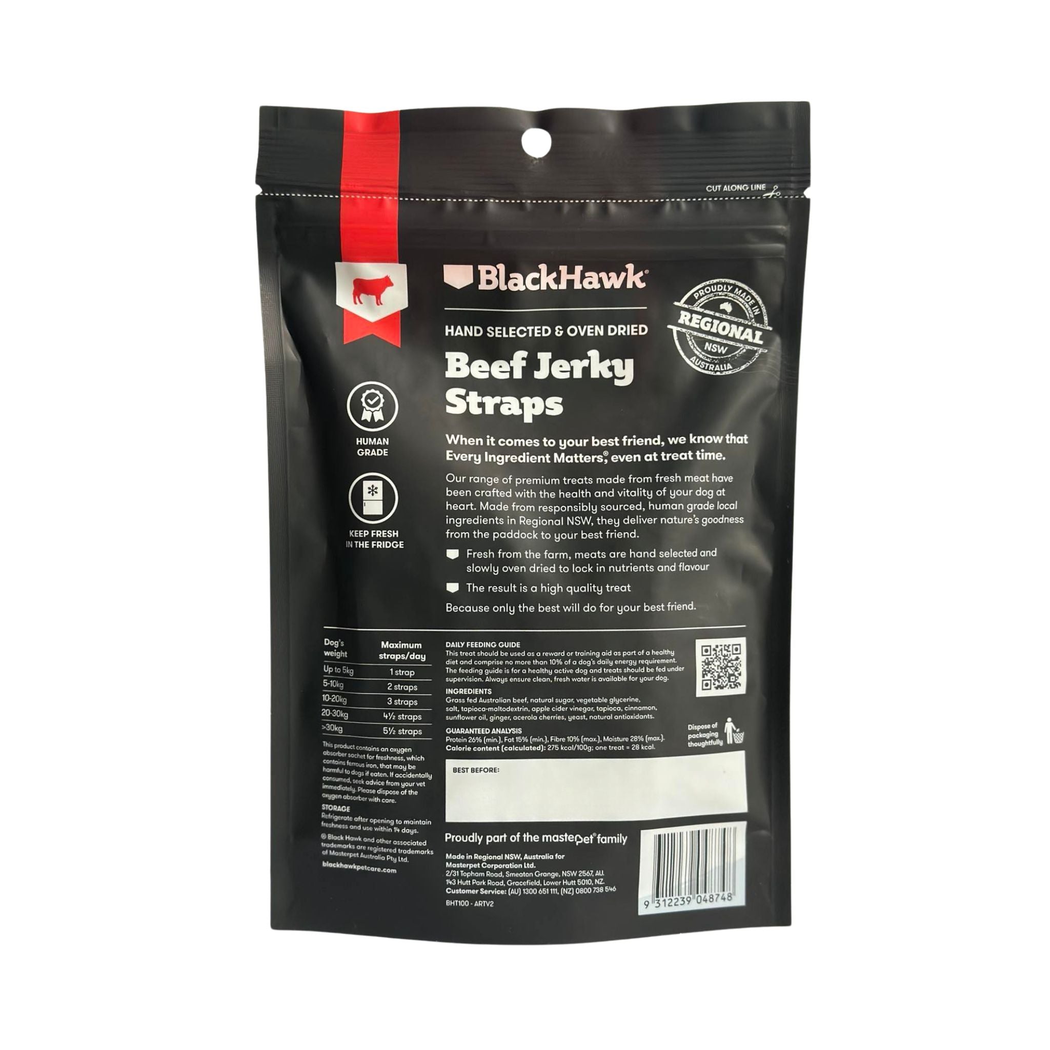 Ingredients and feeding guide for Black Hawk Beef Jerky Straps. Made from human-grade, Australian beef with natural antioxidants. Refrigerate after opening.
