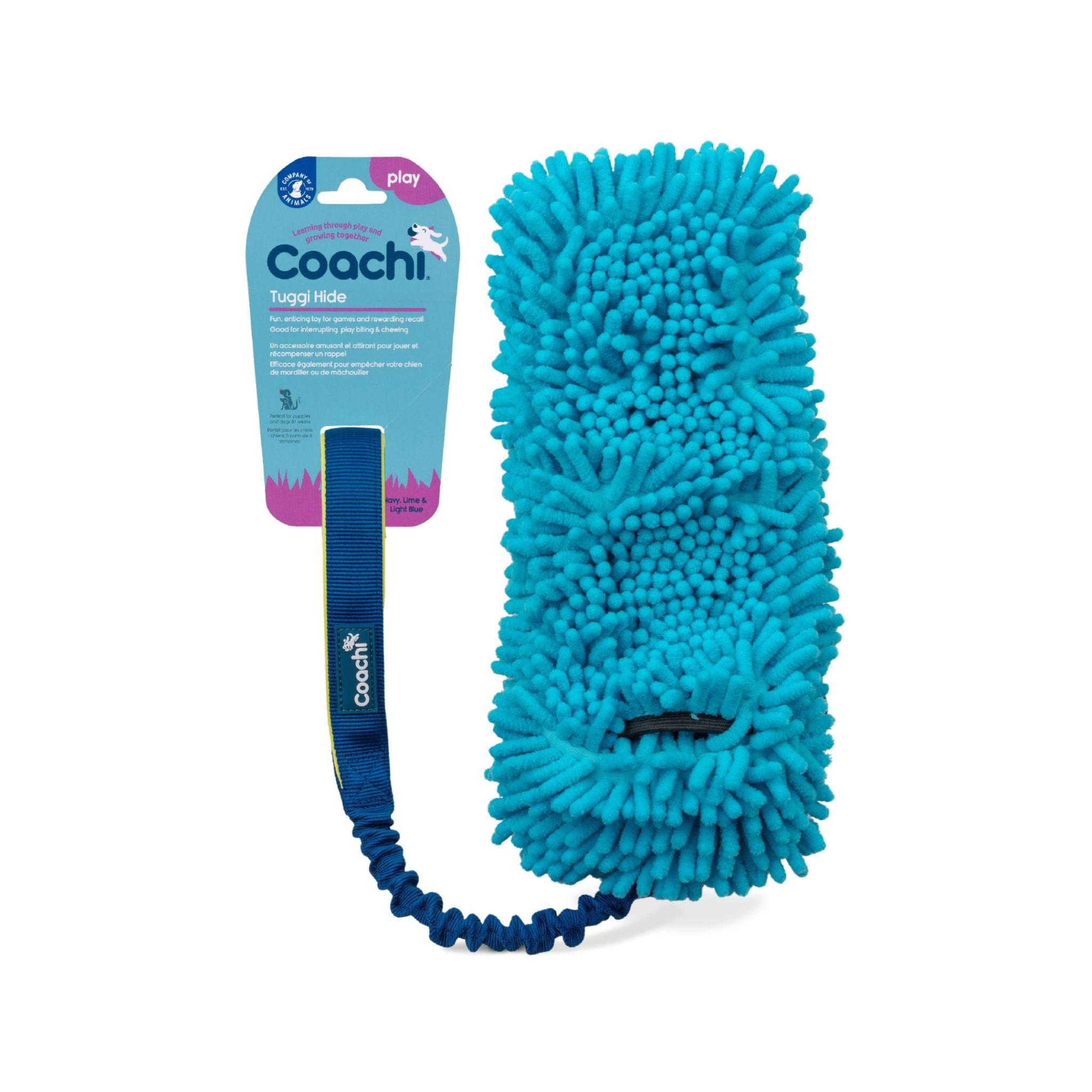 Coachi Tuggi Hide with vibrant packaging showcasing features for dog and puppy training, recall, and interactive play.