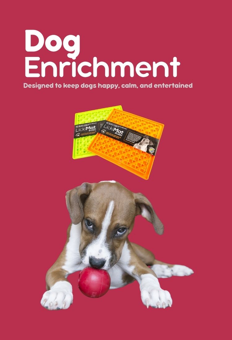 Dog enrichment banner with LickiMats and a puppy being enriched with a red treat dispensing ball.