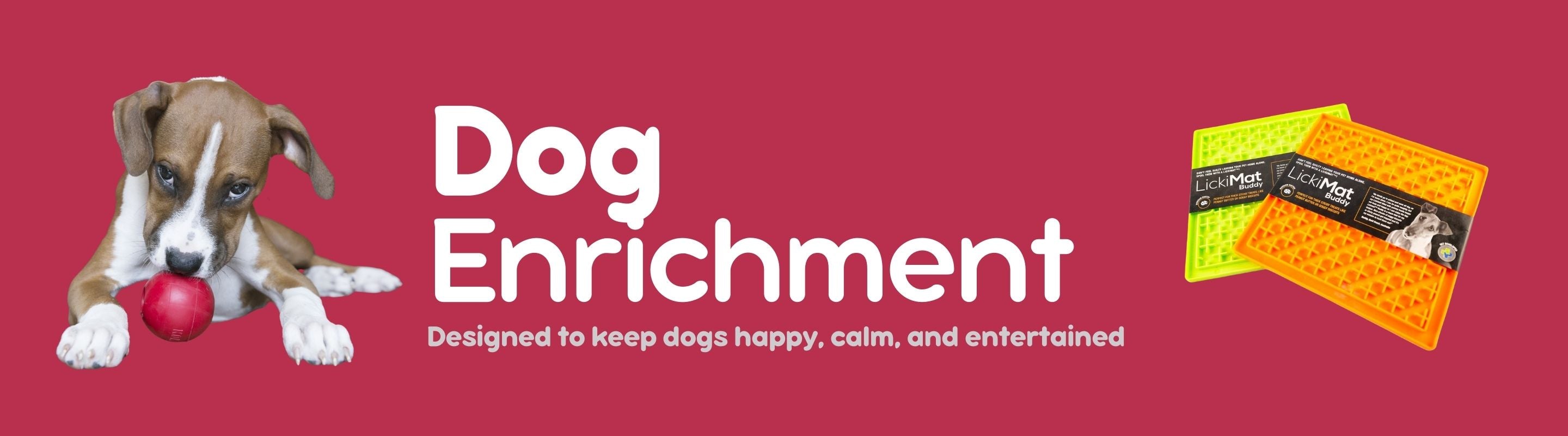 Dog enrichment products "LickiMats" and a dog licking a red treat ball