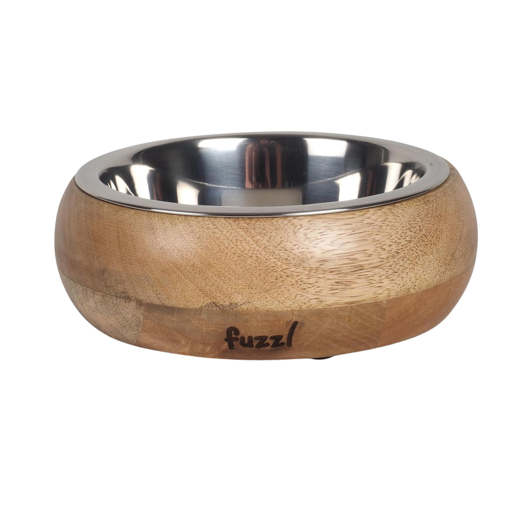 Fuzzl Titan Mango Wood & Stainless Steel Dog Bowl front view with logo, premium hardwood and stainless interior.
