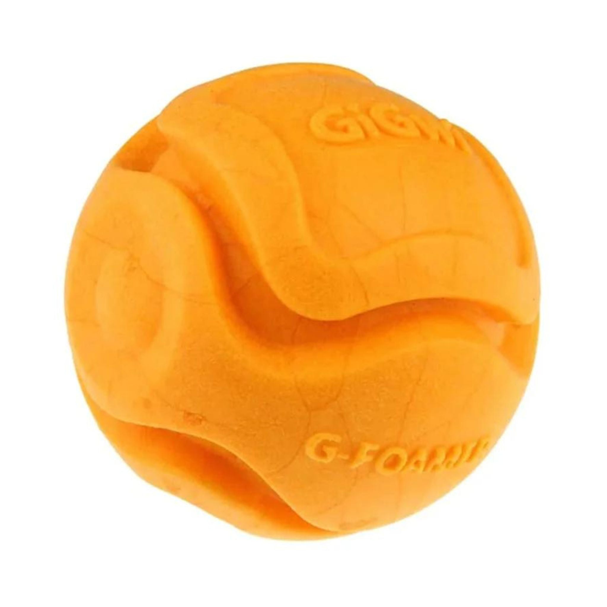 Close up view of an orange coloured GiGwi G-Foamer ball featuring easy to grab onto grooves.