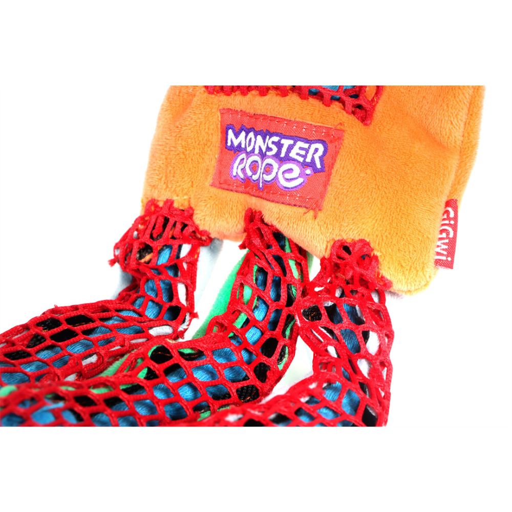 Close up image of a durable Orange Monster Rope Toy