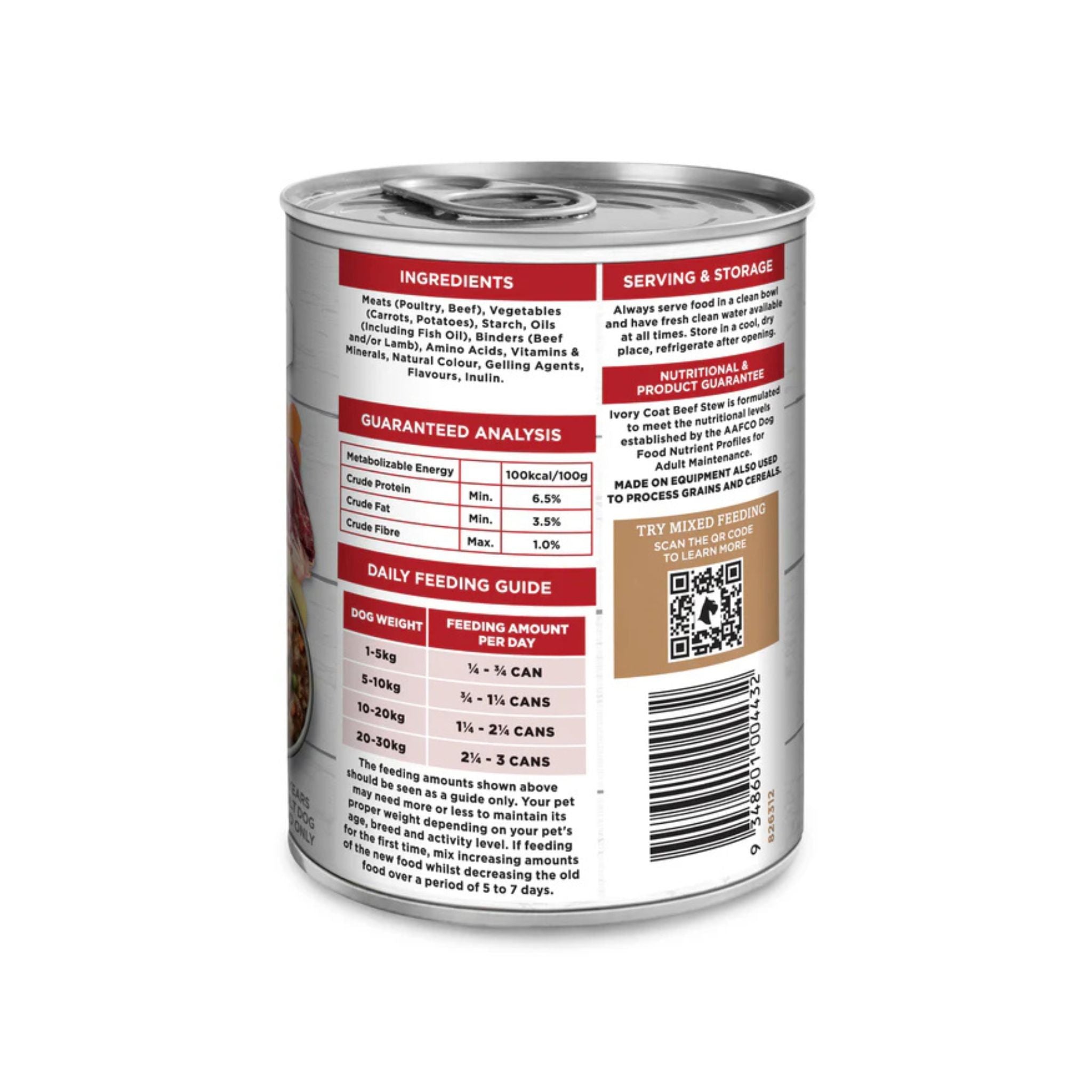 Ivory Coat Adult Grain Free Beef Stew back label with ingredients, analysis, and feeding guide