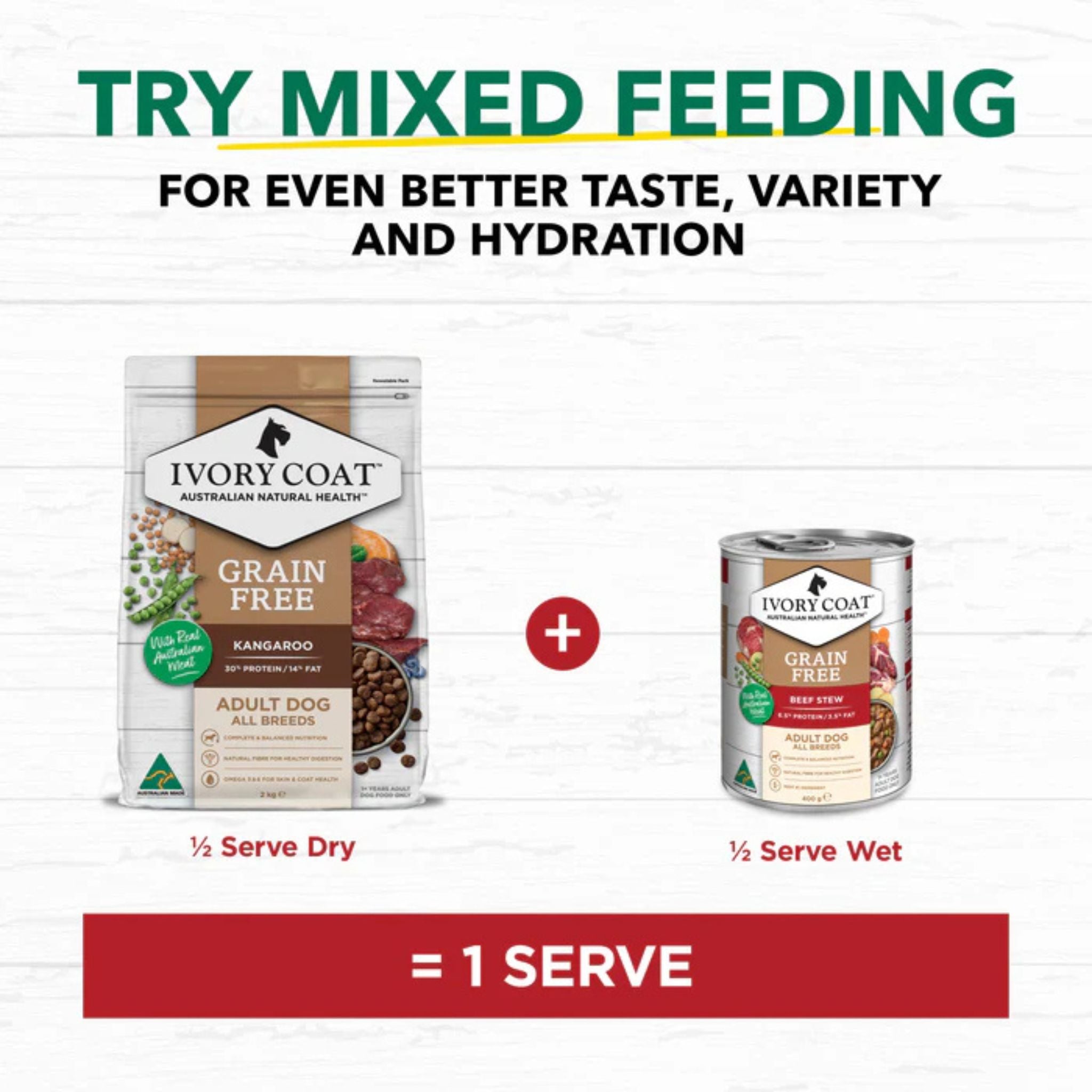 Ivory Coat adult dry and wet food packaging with mixed feeding guide