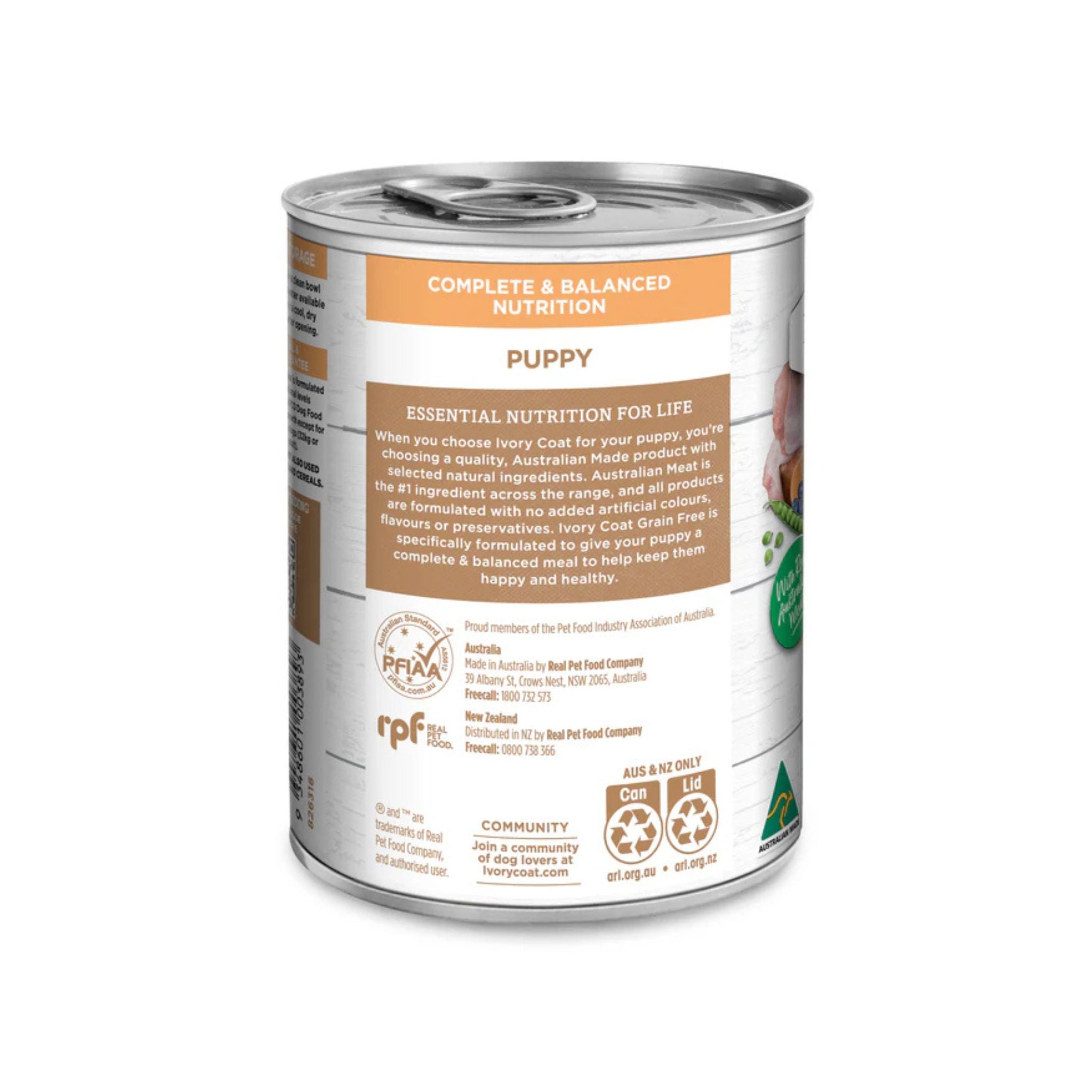 Ivory Coat Chicken Stew Puppy Wet Dog Food can side label with essential nutrition information