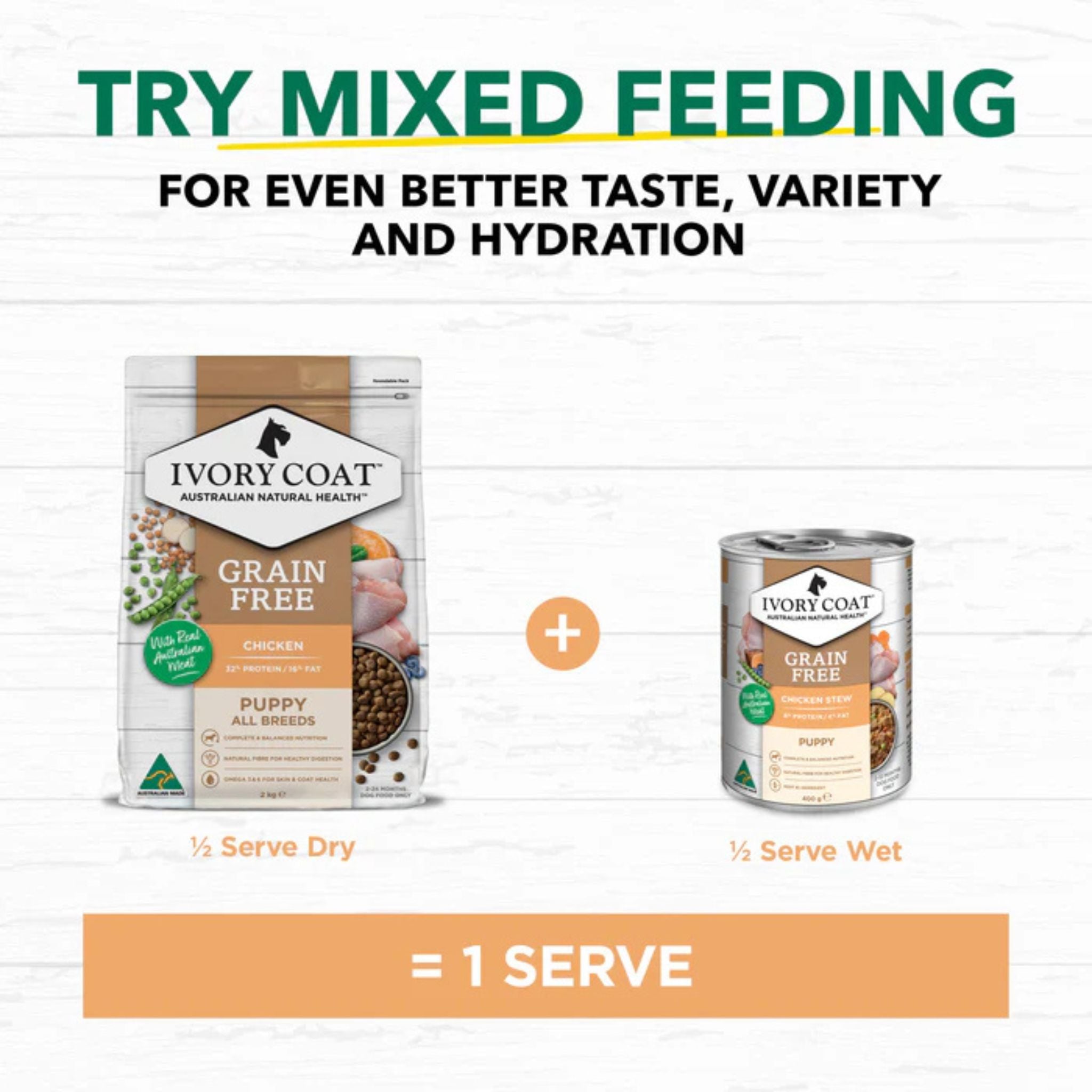 Ivory Coat puppy dry and wet food packaging with mixed feeding guide