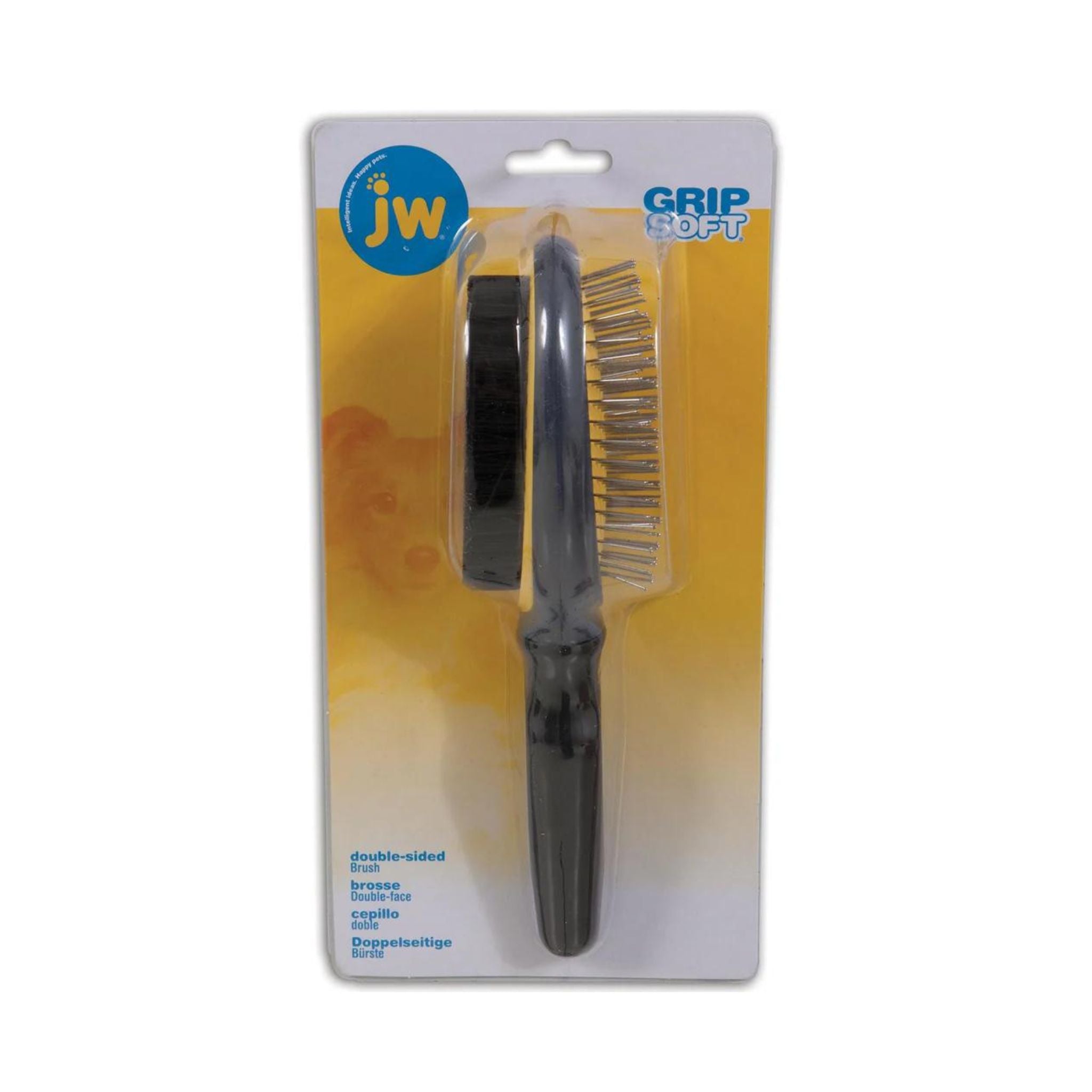 JW Double-Sided Dog Brush in branded packaging, showcasing both the pin and bristle sides for versatile dog grooming.