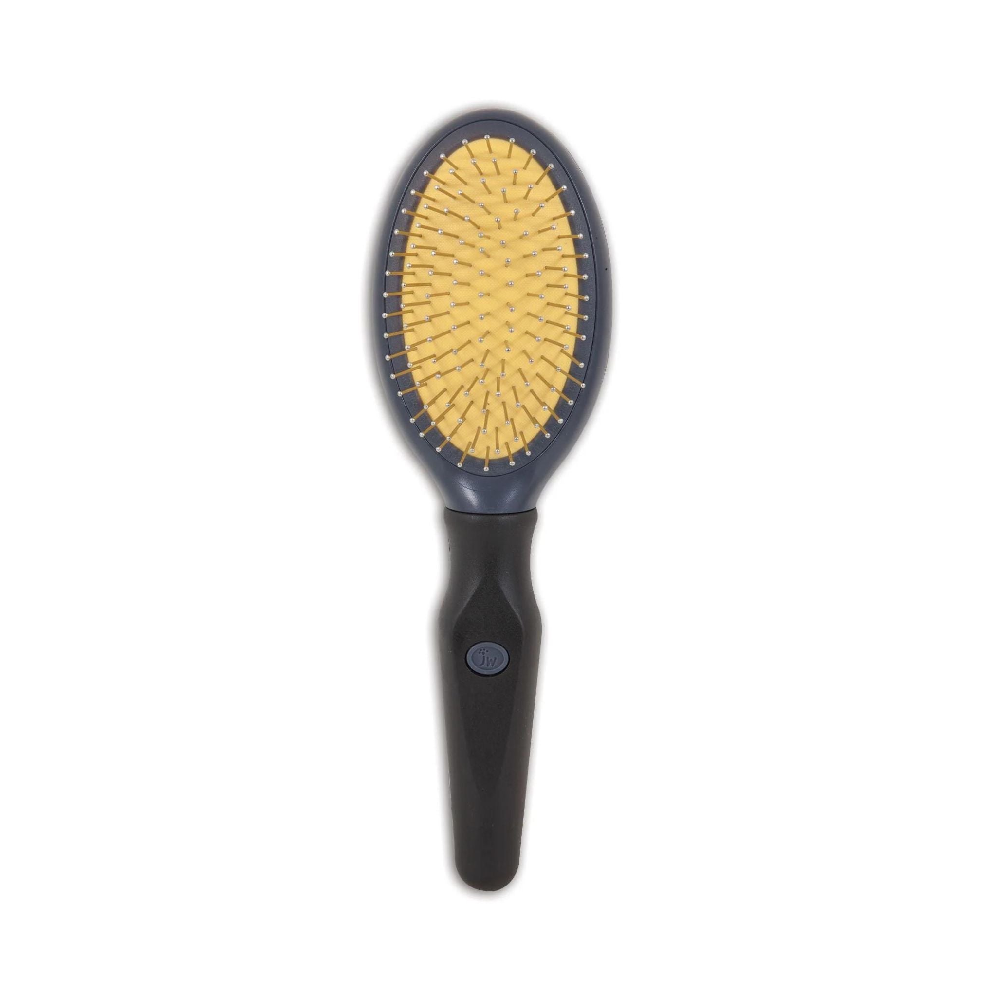 Close-up of the JW Double-Sided Dog Brush showing the stainless steel pin side for removing tangles.