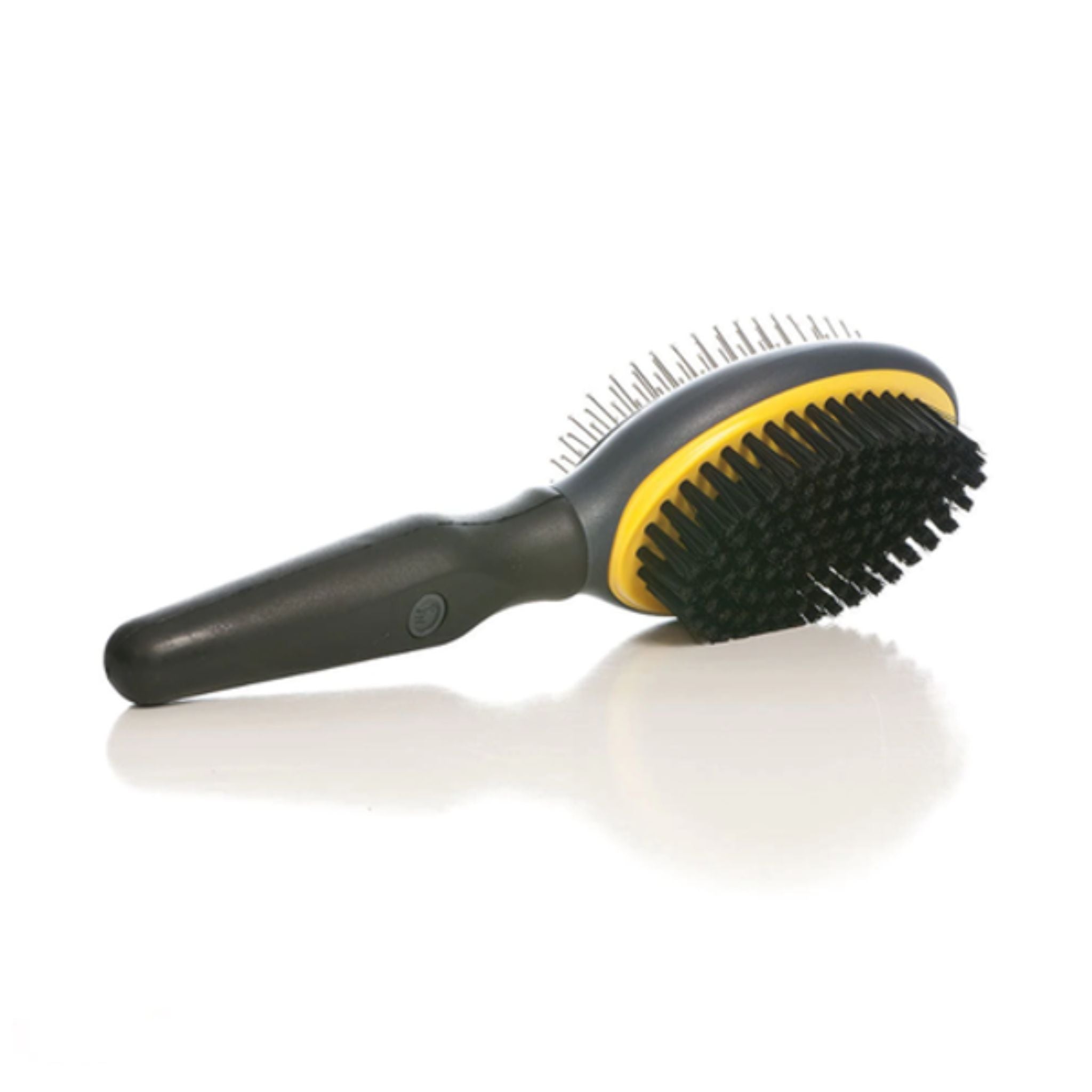 Side view of the JW GripSoft Double-Sided Dog Brush highlighting the pin and bristle sides.