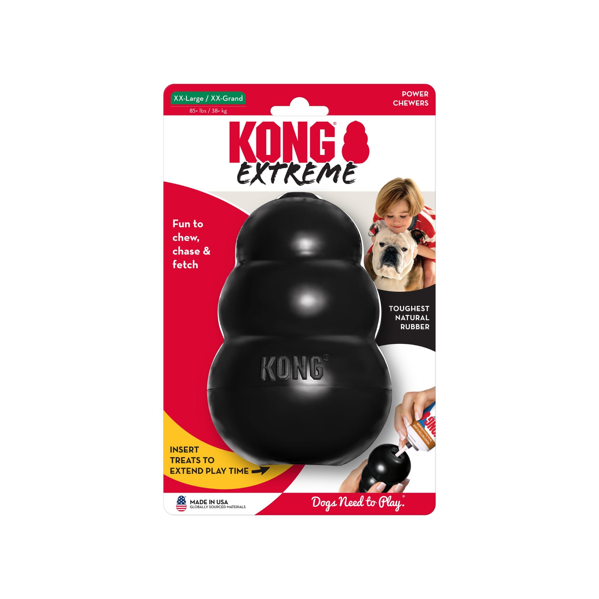 KONG Extreme dog toy packaging with a black KONG toy on a red and yellow background.