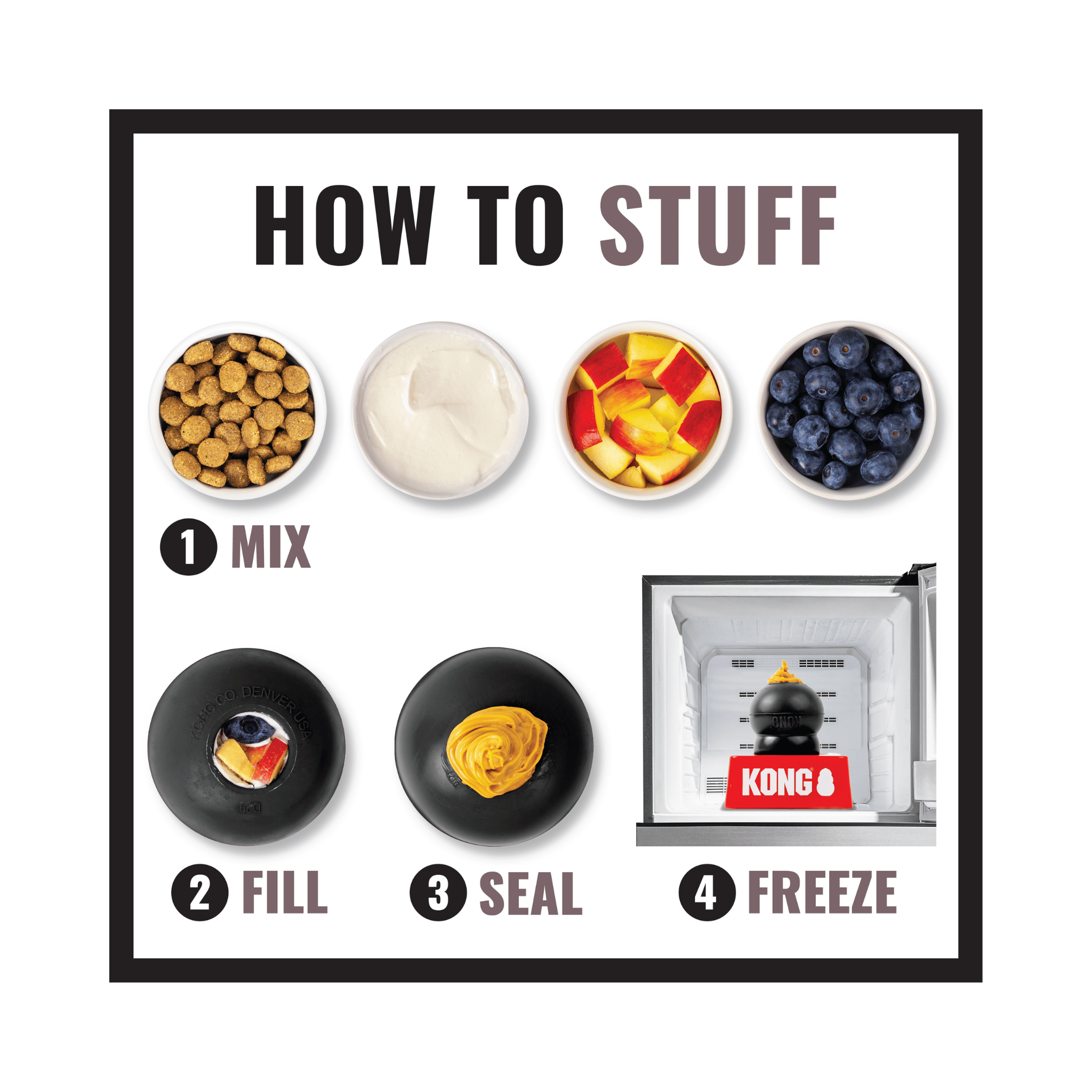 Step-by-step guide on how to stuff a Kong pet toy with various ingredients.