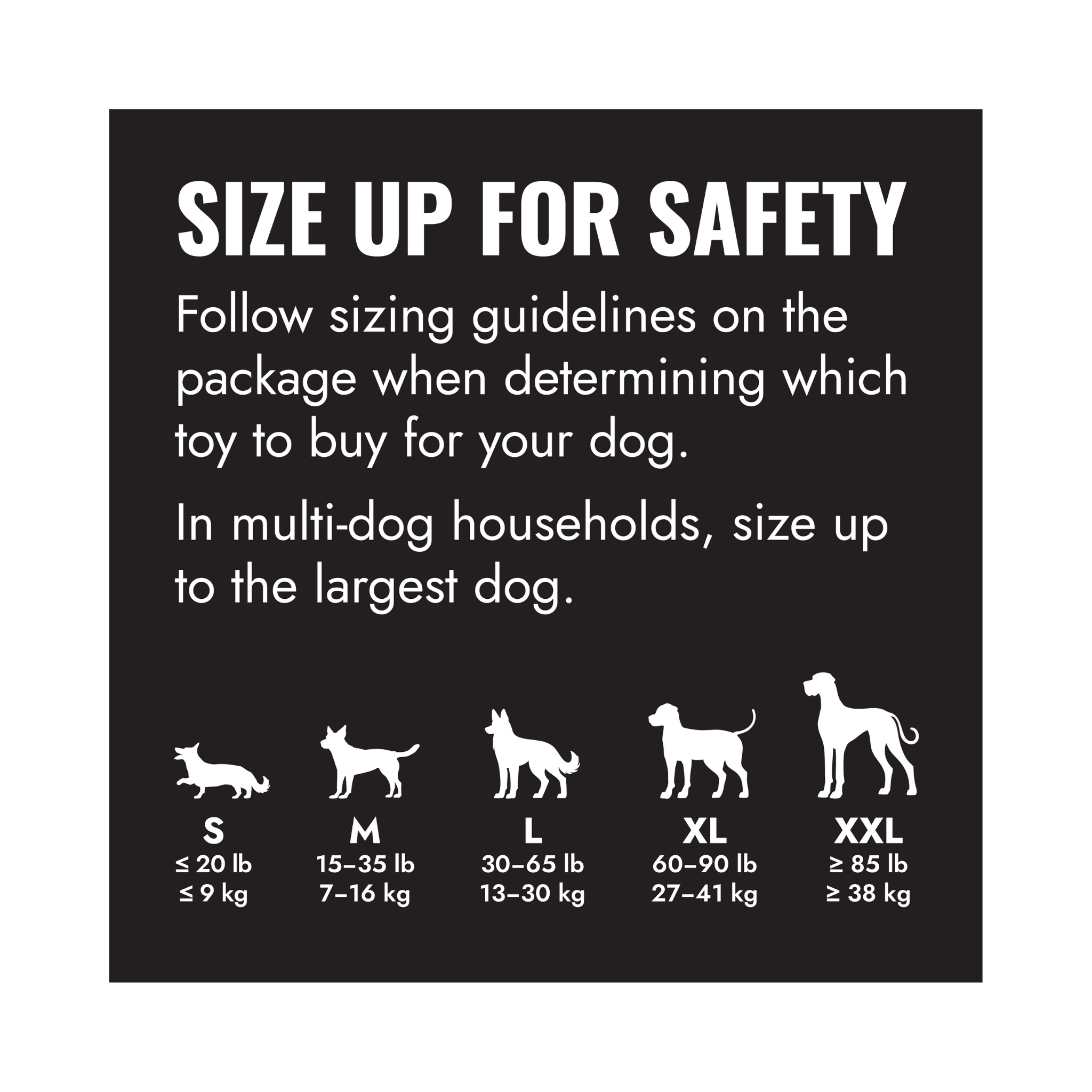 KONG Exreme Dog Toy sizing chart with illustrations and weight guidelines on a black background