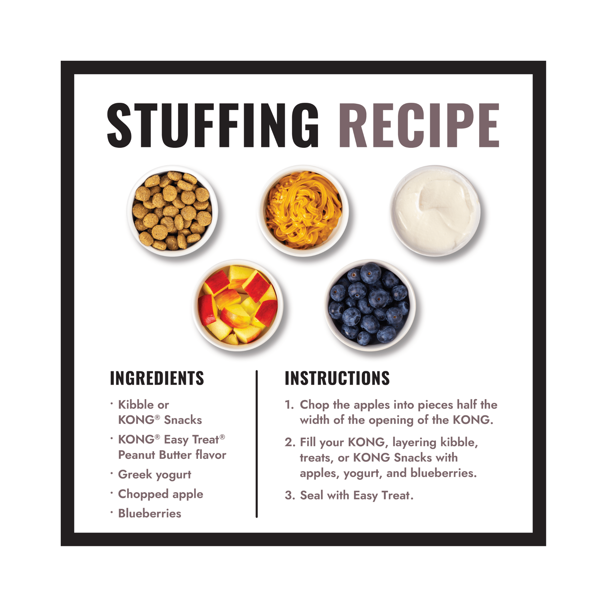 Recipe card for dog food stuffing in KONG treat dispenser toys with ingredients and instructions.