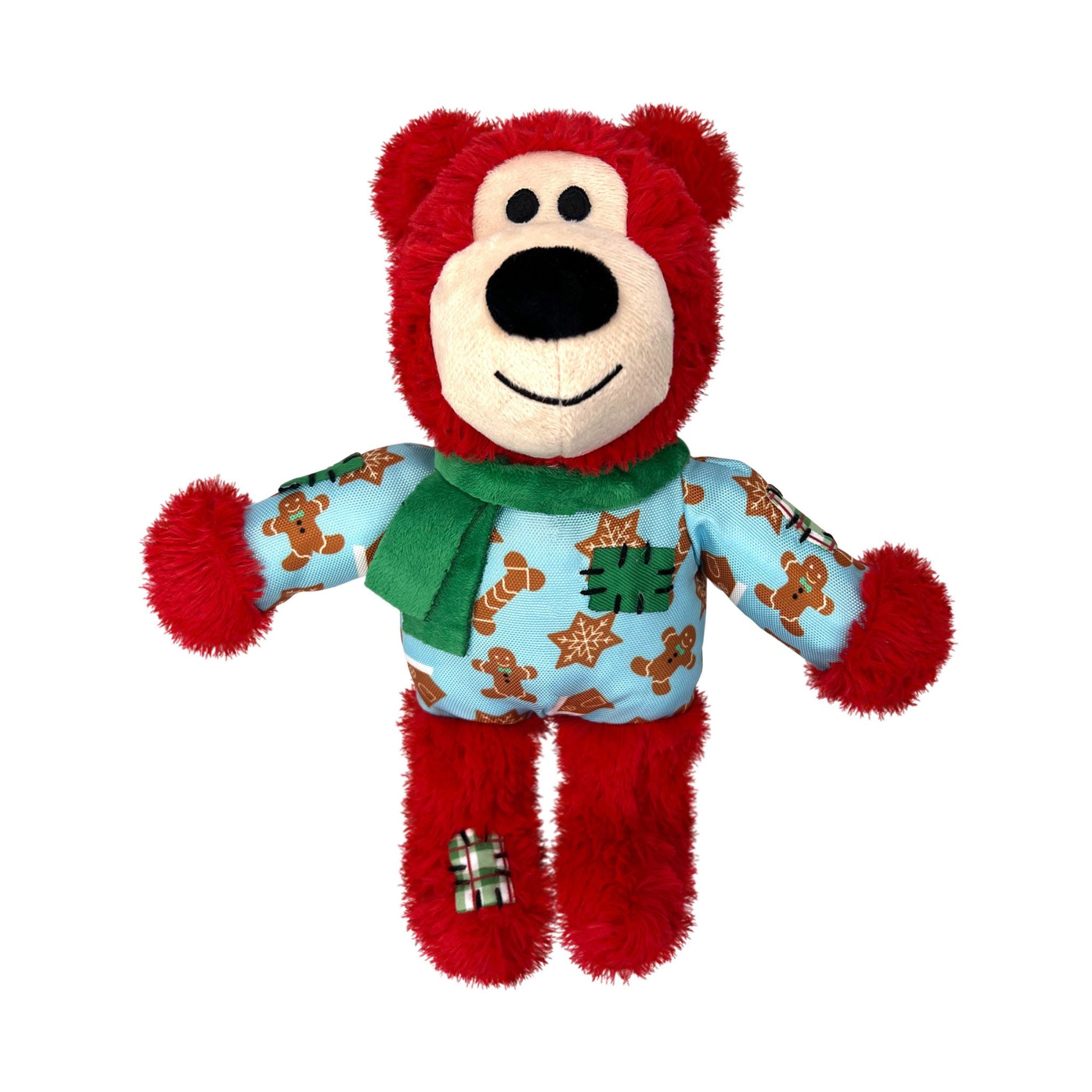 Red KONG Holiday Wild Knots Bear Dog Toy features a festive sweater and green scarf, tough yet snuggly with a knotted rope interior.