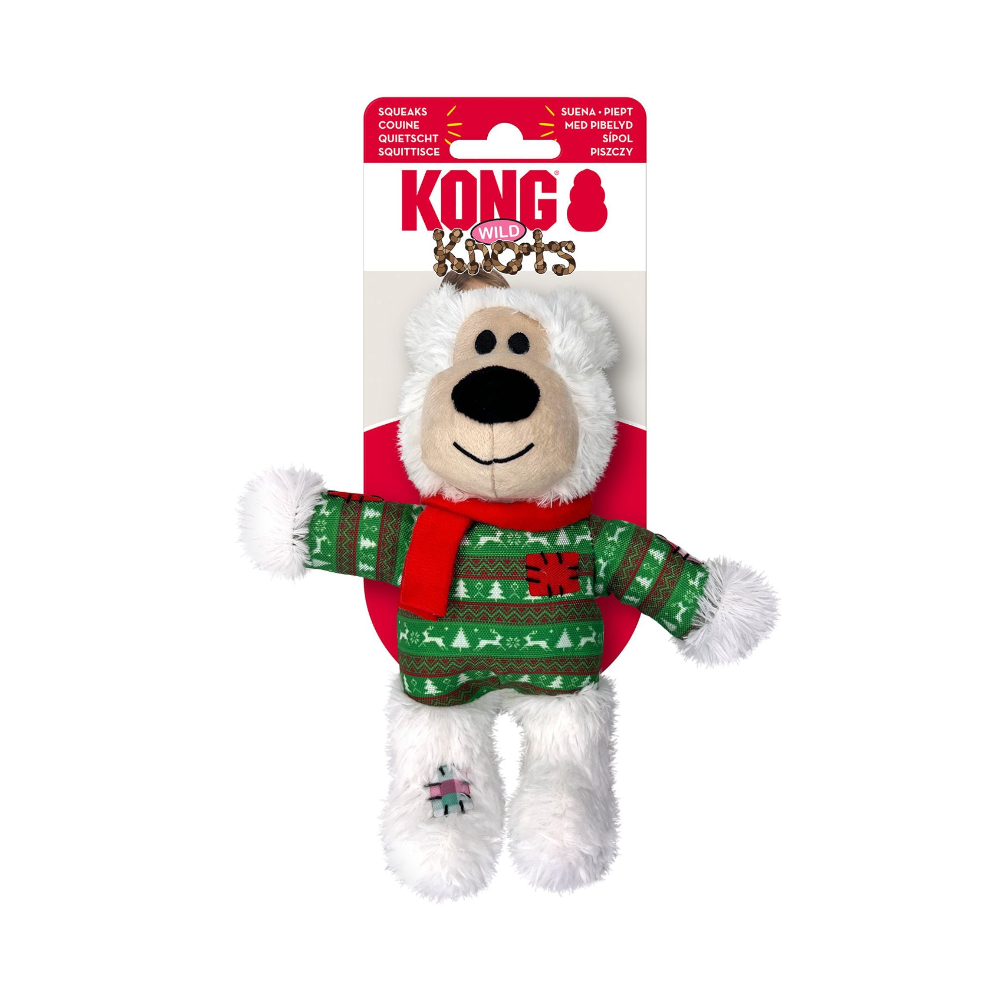 White KONG Holiday Wild Knots Bear Dog Toy with seasonal sweater and scarf, displayed in branded KONG packaging for festive gifting.
