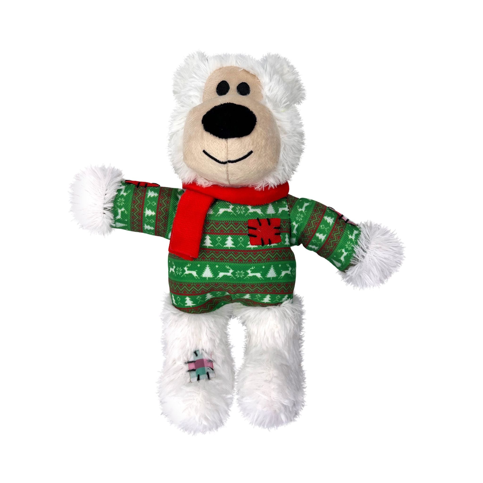White KONG Holiday Wild Knots Bear Dog Toy, wearing a seasonal sweater and red scarf, soft and plush with durable knotted skeleton.