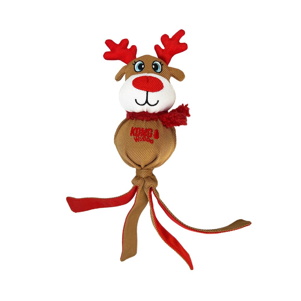 KONG Holiday Wubba Reindeer dog toy with soft brown reindeer theme, great for interactive Christmas fun.
