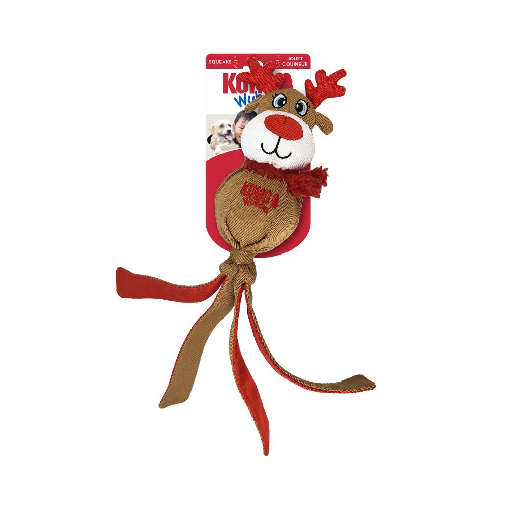 KONG Holiday Wubba Reindeer dog toy – durable plush Christmas toy for dogs with squeaker, perfect for festive tug and toss games.