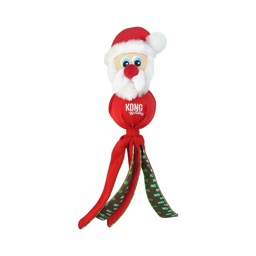 KONG Holiday Wubba Santa plush dog toy – durable squeaky Christmas toy for dogs, great for tug, fetch and festive play.