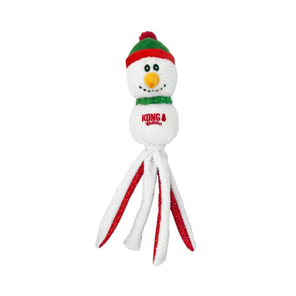 KONG Holiday Wubba Snowman dog toy in white snowman design, ideal for festive tug, toss, and playtime.