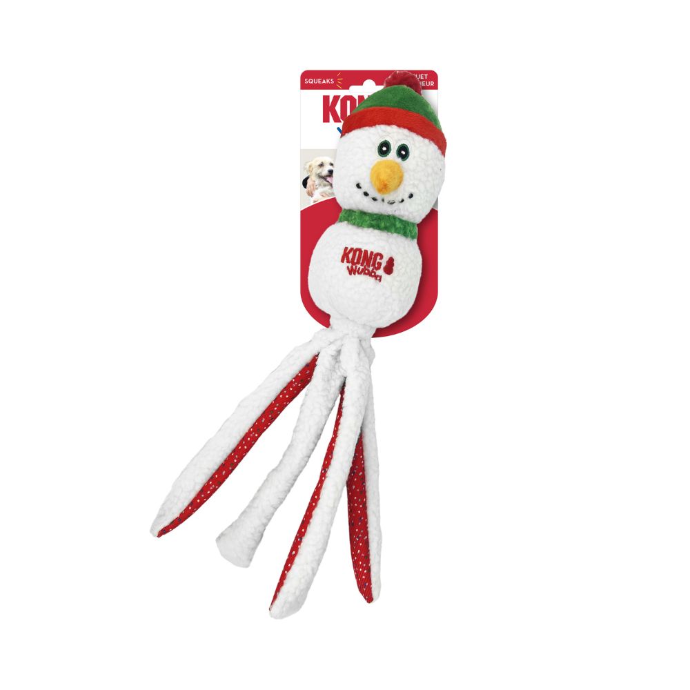 KONG Holiday Wubba Snowman squeaky dog toy – festive plush Christmas dog toy for tug, toss, and interactive play.