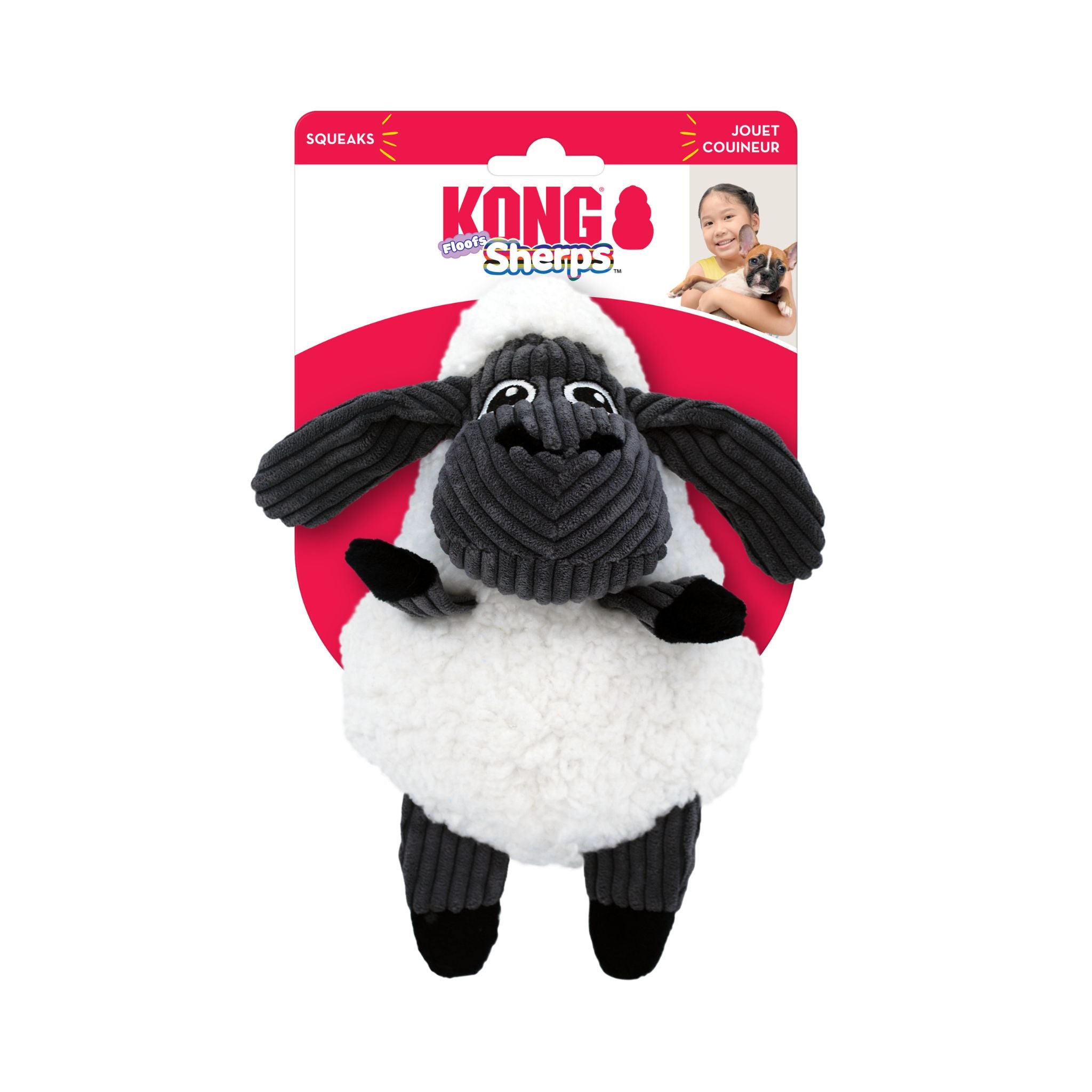 KONG Sherps Floofs Sheep plush toy displayed in its branded retail packaging, showcasing the toy’s fluffy design and soft materials.