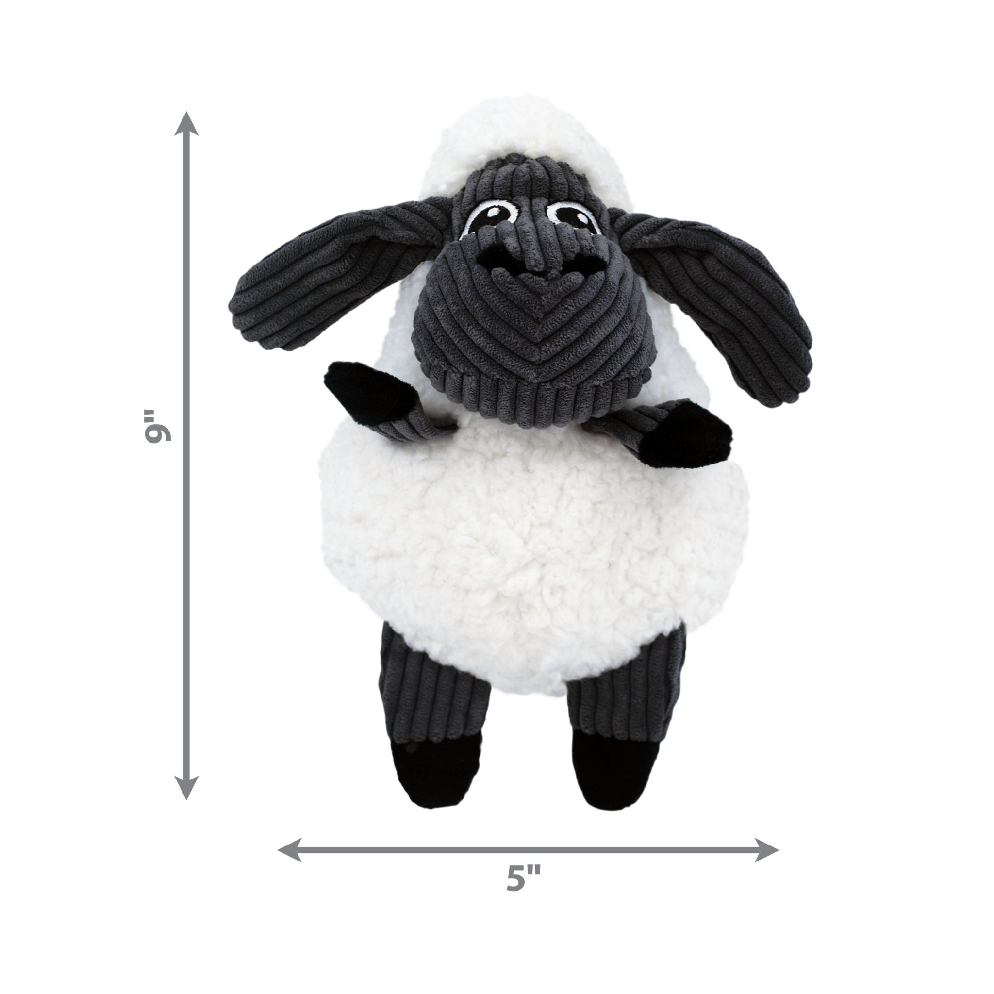 KONG Sherps Floofs Sheep plush toy with size dimensions highlighted as 9 x 5 inches.