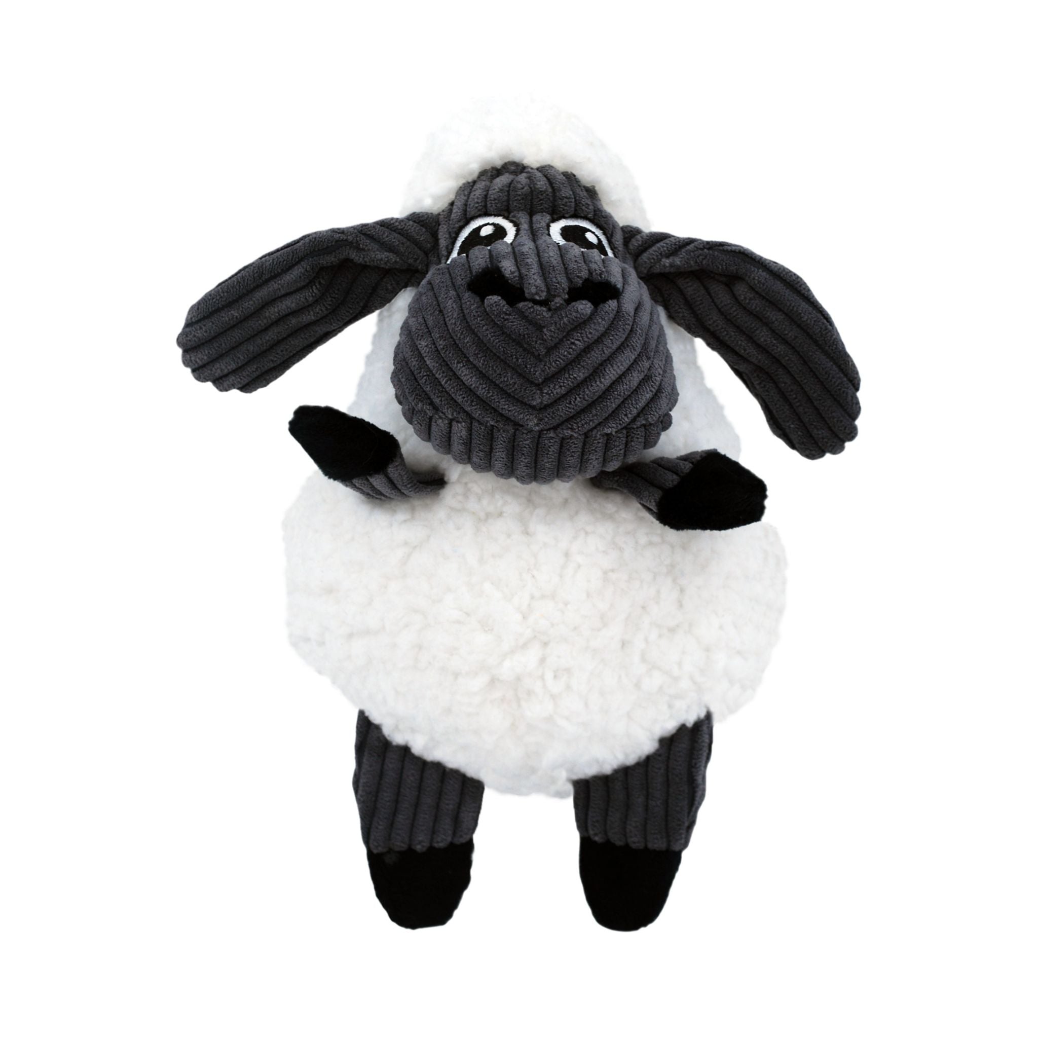 KONG Sherps Floofs Sheep dog toy, featuring fluffy plush soft, white exterior and long, floppy black ears.