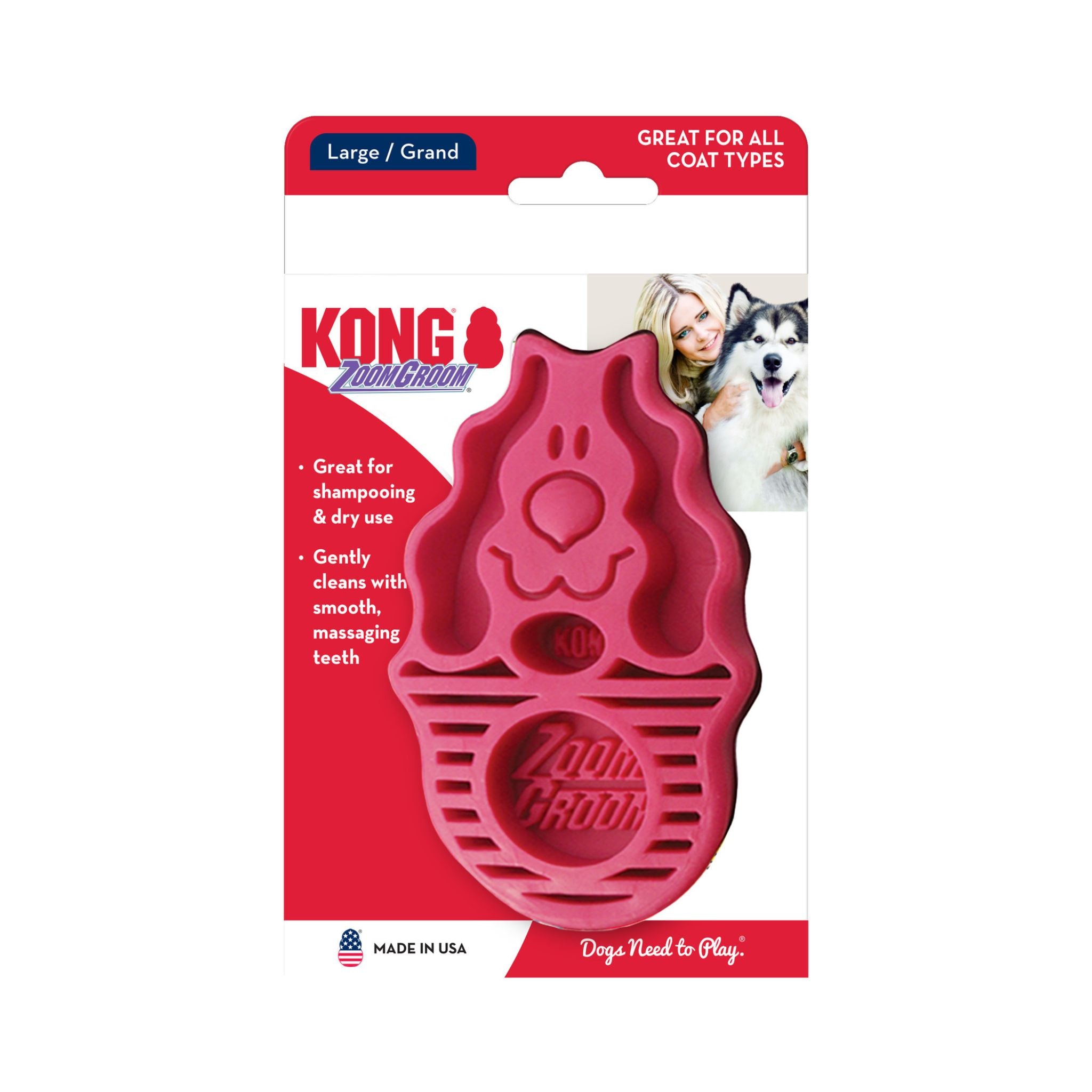 Raspberry KONG ZoomGroom dog brush in branded packaging, perfect for pet care.
