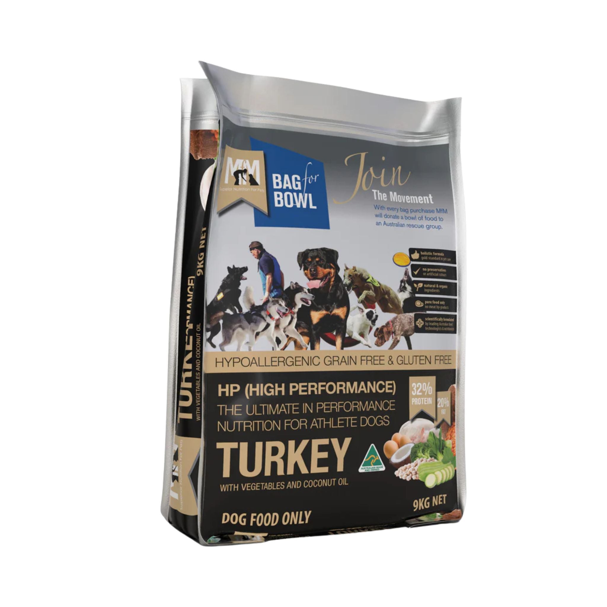 Meals for Mutts High Performance Turkey adult dry dog food 9kg bag front